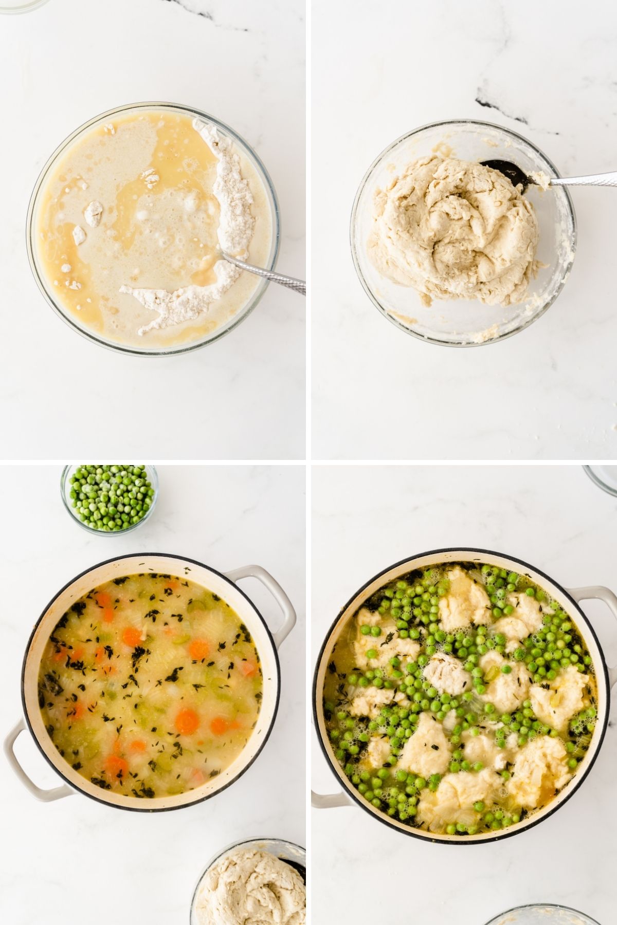 four photos: dumpling ingredients in bowl; formed into a dough in clear bowl; soup pan with soup in it; pan with soup and dumplings with peas on top