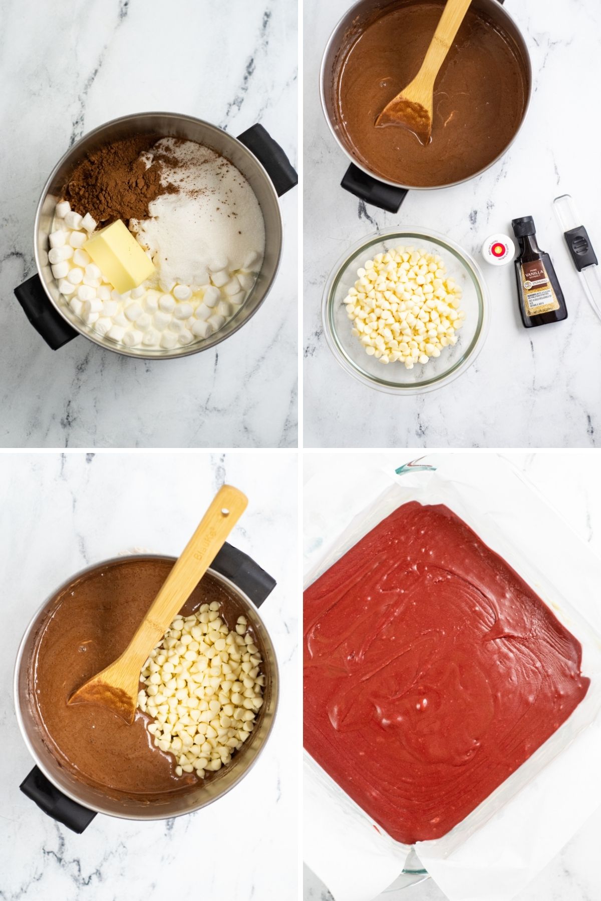 four images: sugar, cocoa, marshmallows and butter in sauce pan; melted chocolate in sauce pan with side of white chocolate chips and red food coloring; white chocolate chips in melted chocolate with wooden spoon; red velvet fudge mix in square baking pan