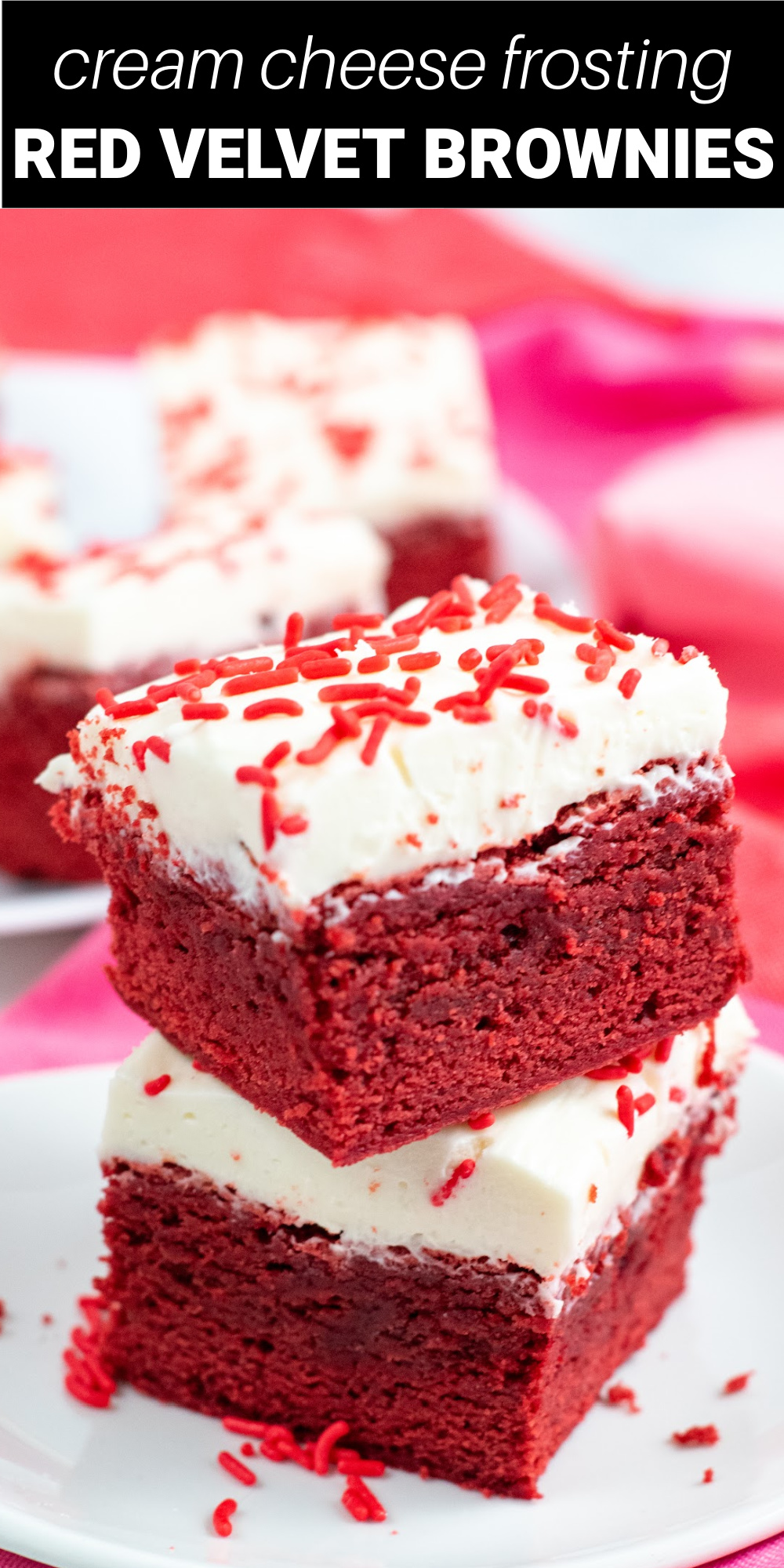 Red velvet brownies with cream cheese frosting are small bites of heaven. These homemade fudgy brownies are made with semi-sweet chocolate chips for the perfect chocolate flavor. Topped with a silky cream cheese frosting these are going to be a special treat.