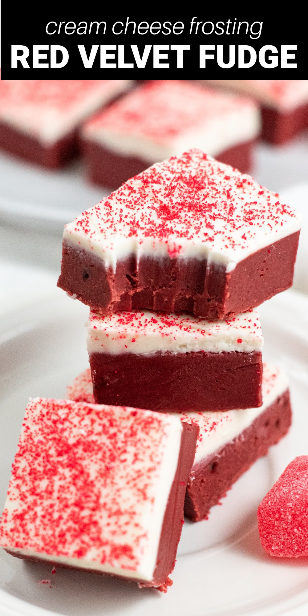 Fans of red velvet cake are going to absolutely love this easy Red Velvet Fudge recipe. It has a rich and creamy fudge layer, then it's topped with a sweet and decadent white chocolate and cream cheese layer.