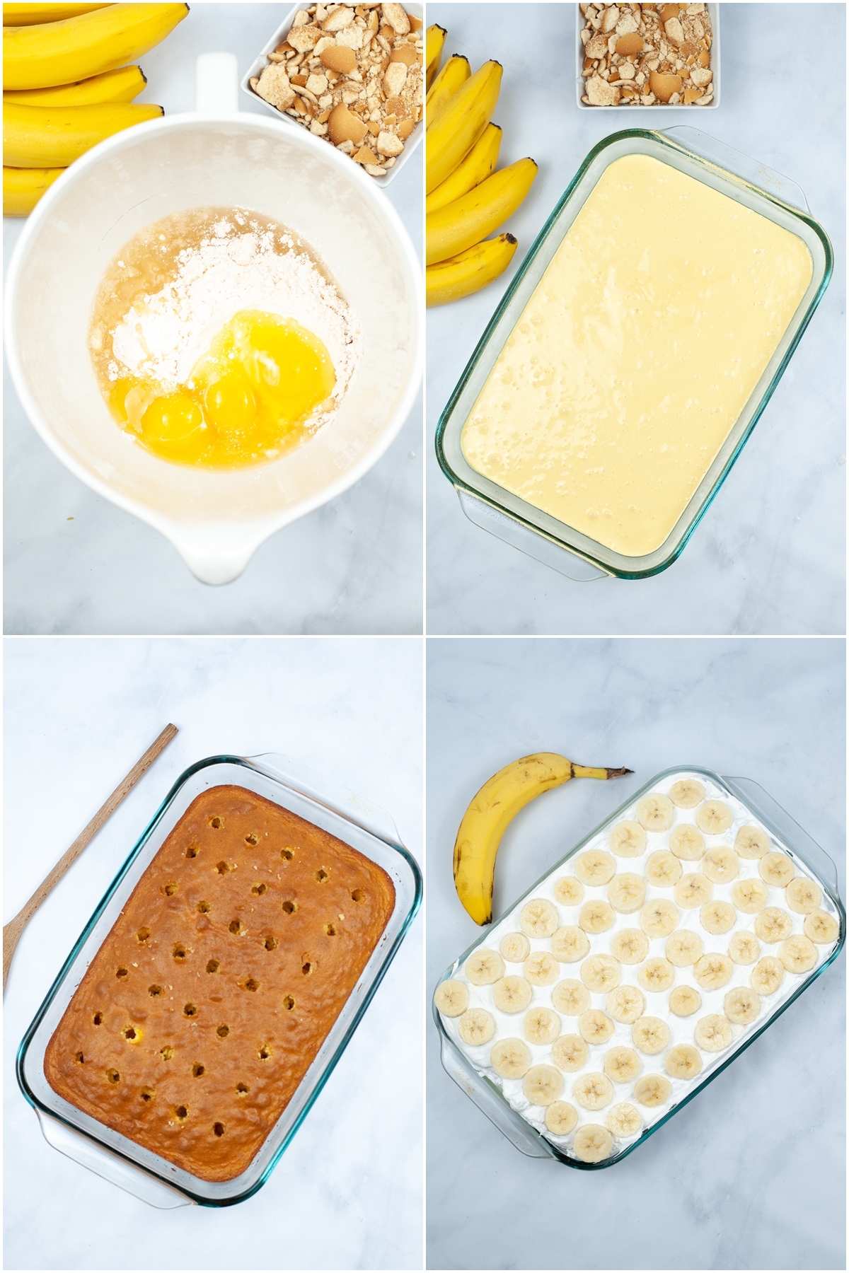 A step by step process of preparing Banana Pudding Poke Cake.