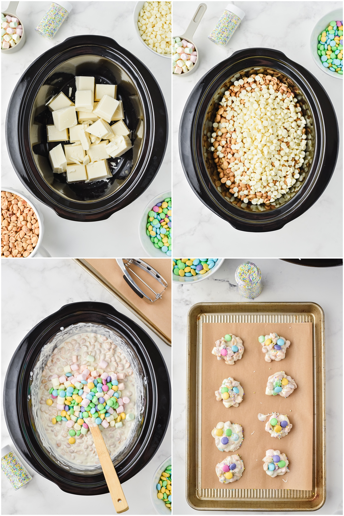 Process of preparing Crockpot Easter Candy. Starting of with mixing and melting the ingredients and forming the candies. Then putting it on a tray.