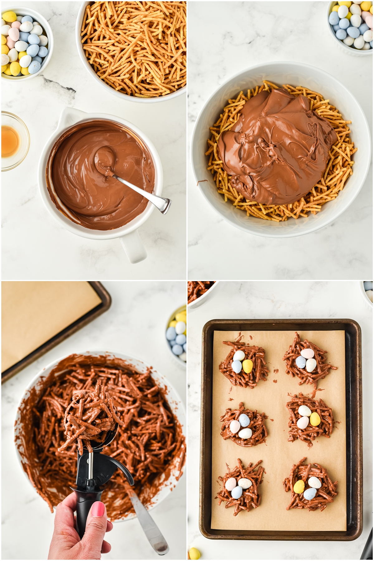A step by step process of making Bird's nest cookies. Starting with melting the chocolate, pouring it into a bowl of noodles and mixing them. Then scooping them to form a cookie. Arranging them to tray and putting egg chocolate toppings