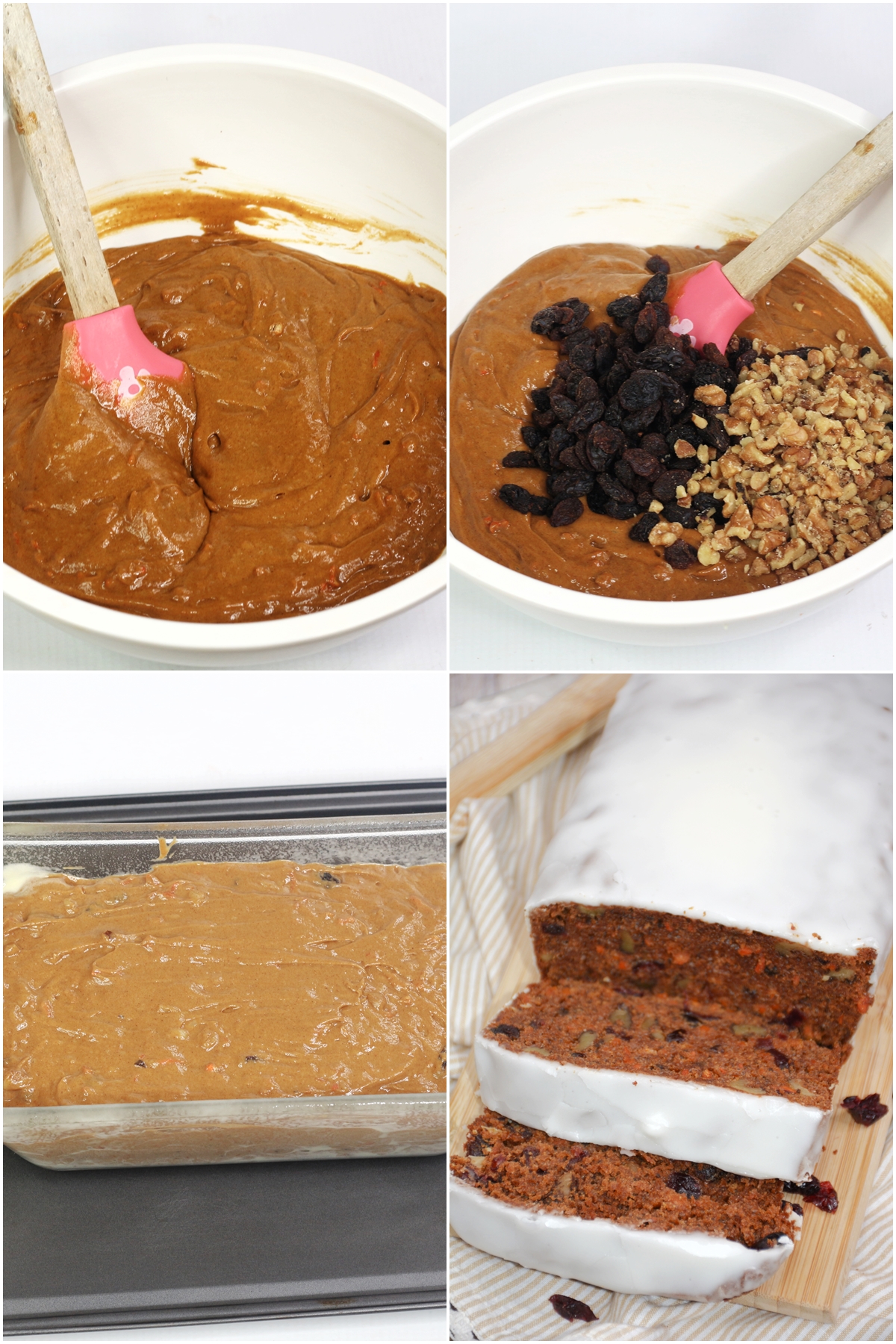 Four process pictures of making Carrot Cake Bread - ingredients being mixed in a bowl, mixture in a dish, and  the finished loaf with icing on it sliced to serve