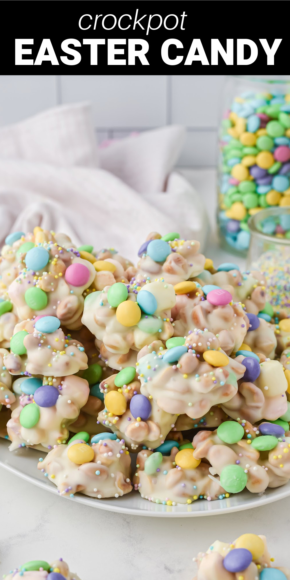 Bright and colorful white chocolate peanut clusters with colorful sprinkles make this delicious Easter Crockpot Candy the perfect homemade treat for Easter baskets, gift giving or to enjoy as a simple sweet treat!