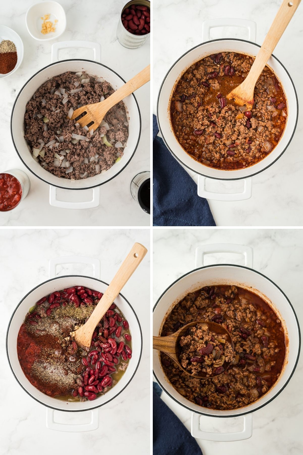 four photos of chill being made in large pot: ground beef with onions, added sauce, added seasonings and beans, cooked with ladle