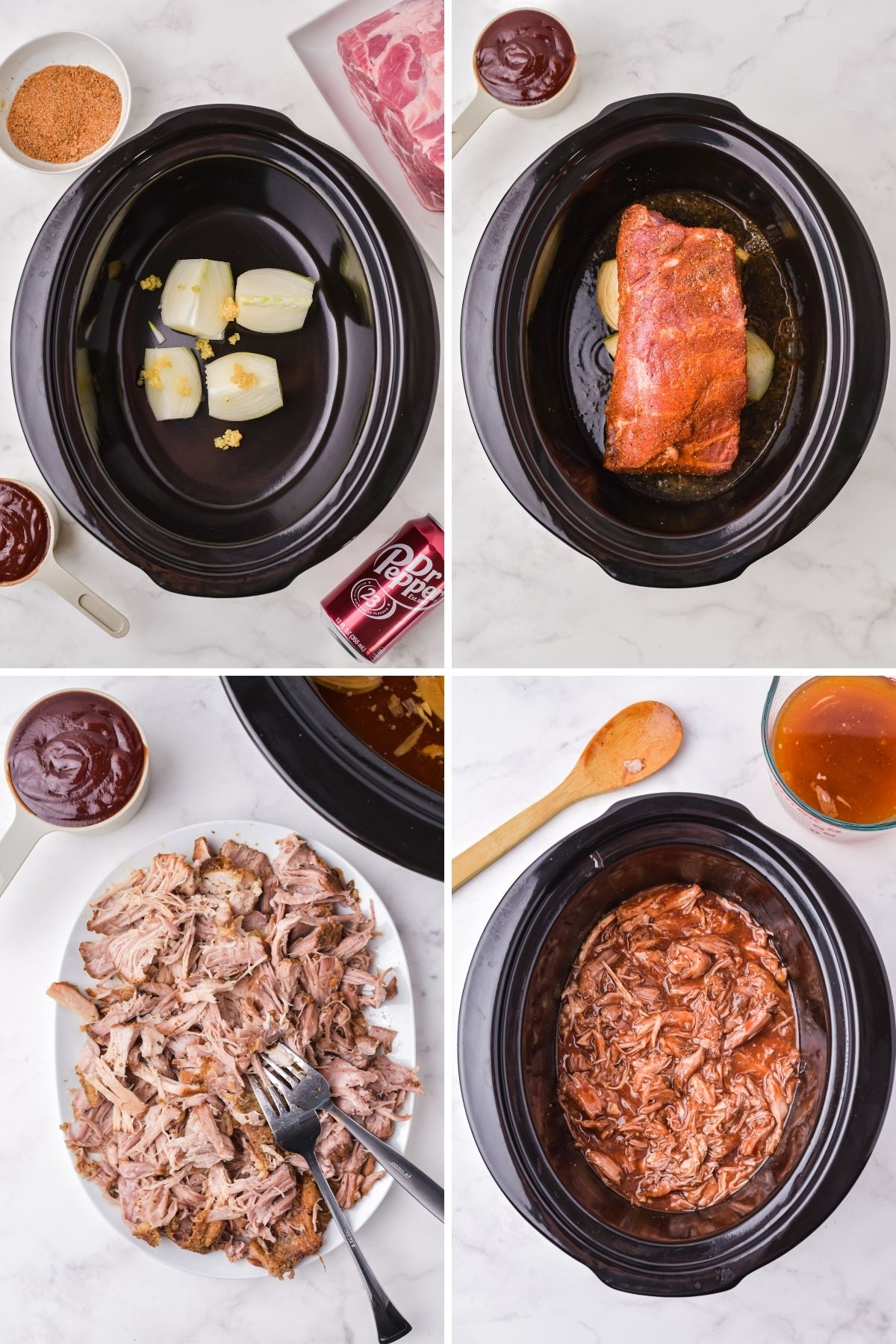 looking top down into crockpot: onions in bottom of crockpot; pork loin on top with seasonings rubbed in; pork on plate with two forks shredded; shredded pork back in crockpot with BBQ