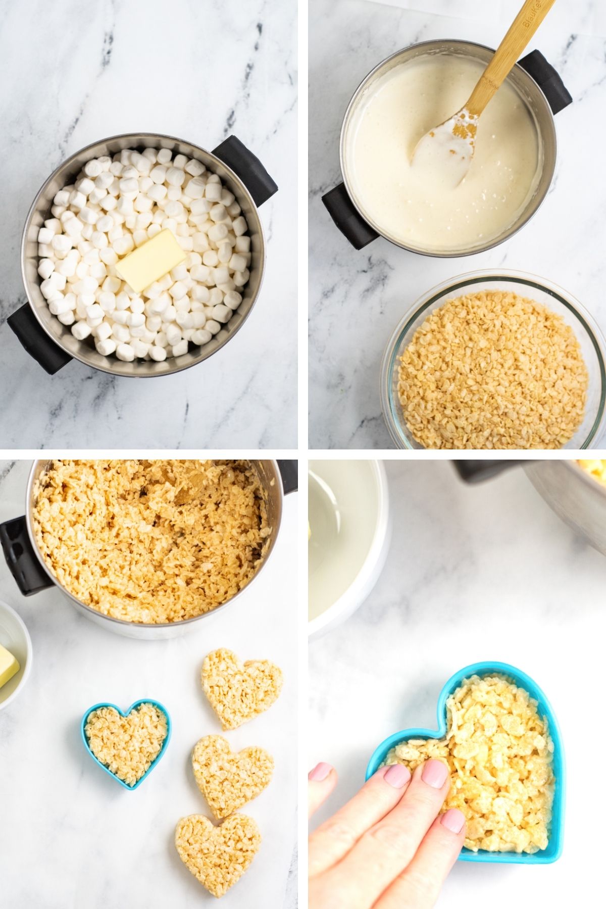 four photos:  mini marshmallows and a stick of butter in pot: melted marshmallows with a side of rice krispies cereal; cereal mixed in with marshmallows and a heart shaped cookie cutter; hand pressing krispy treats into blue heart shaped cookie cutter