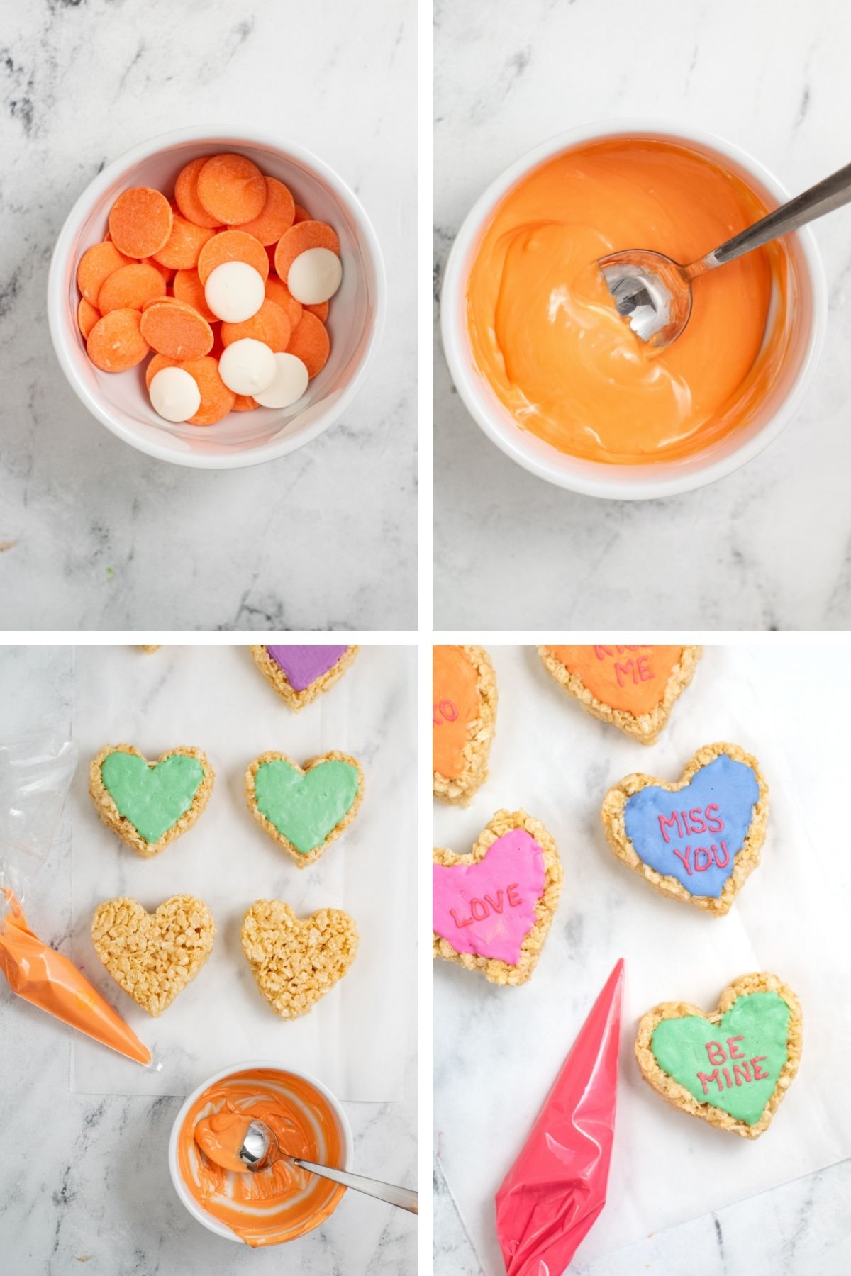 four photos: orange and white candy melts in bowl; melted orange candy melts in bowl; heart krispy treats with a piping bag of orange candy melts; finished heart krispies with different colors and red letters spelling Be Mine, Miss You, Love