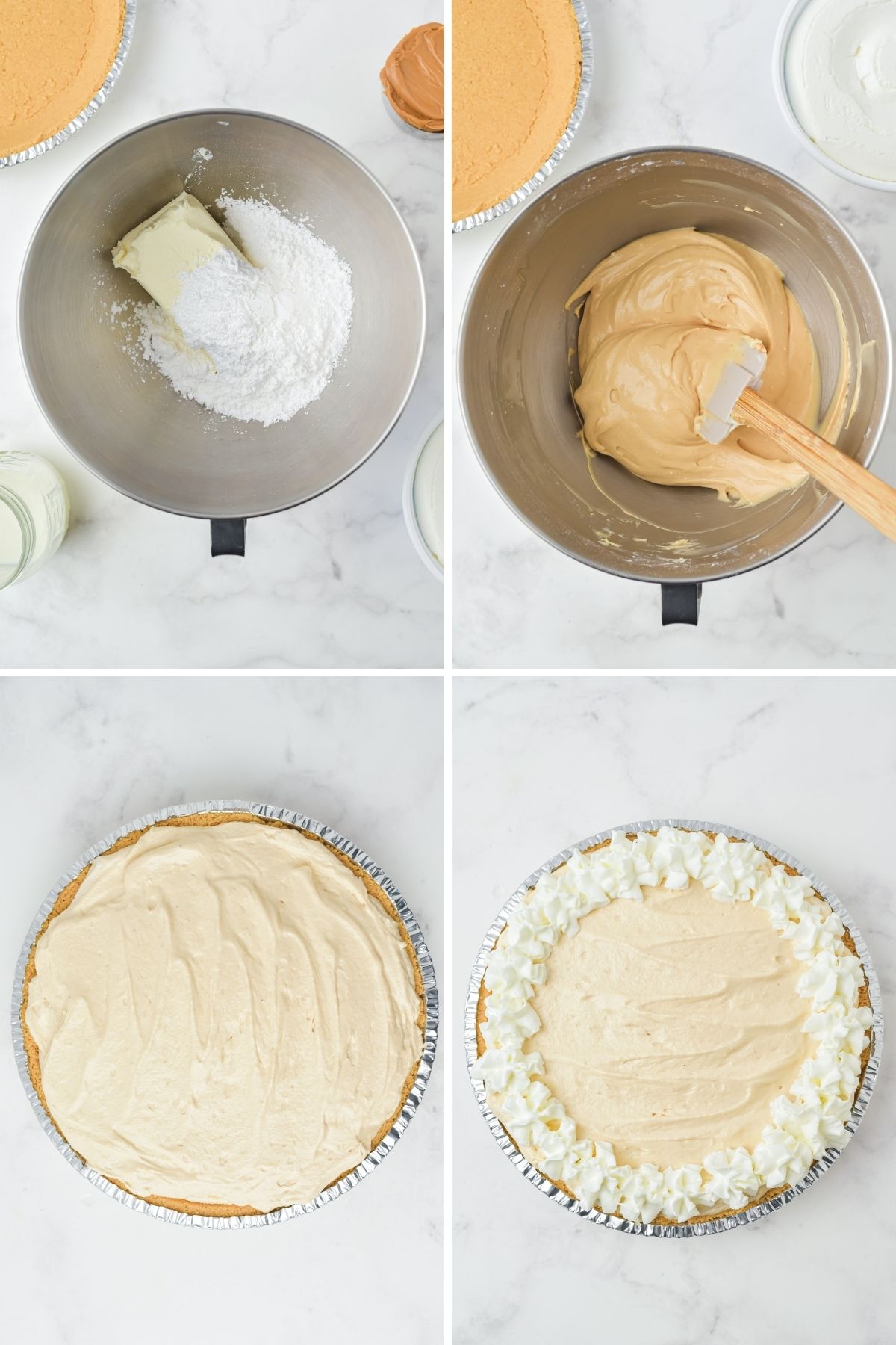 four photos: cream cheese and powdered sugar in mixing bowl; peanut butter and spatula in bowl; peanut butter mixture in graham cracker crust; whipped cream dollops around edges of pie