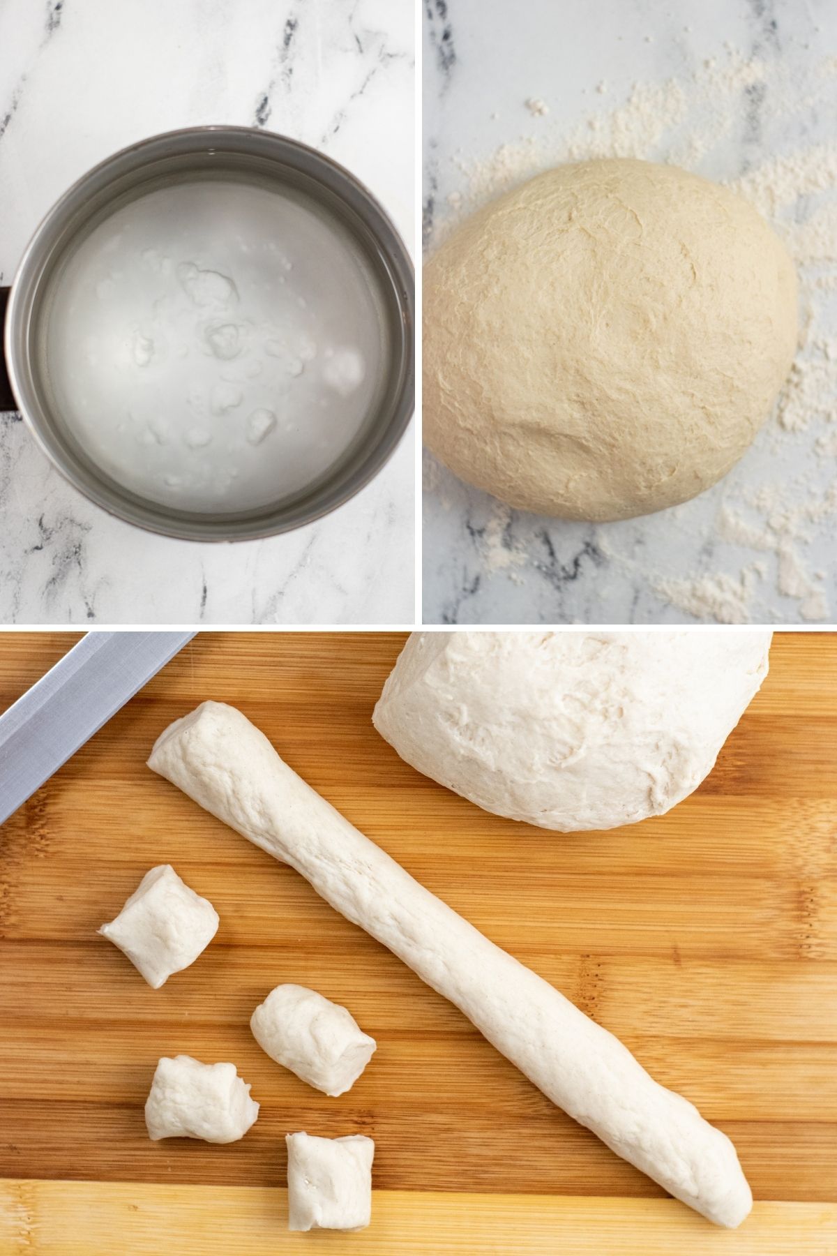 water with baking soda; risen dough on floured counter; dough rolled into thin strip and cut into pieces