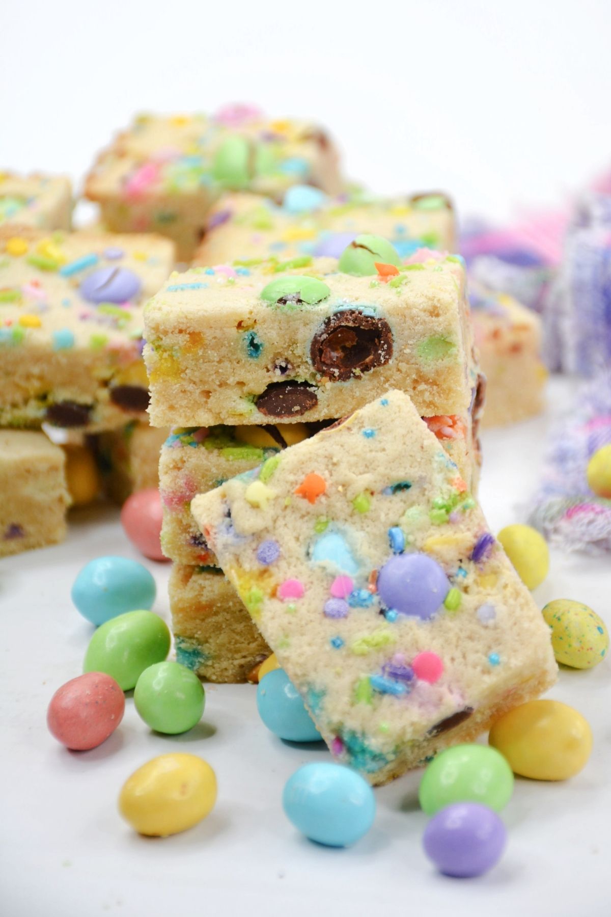 white cookie bars with Easter M&Ms