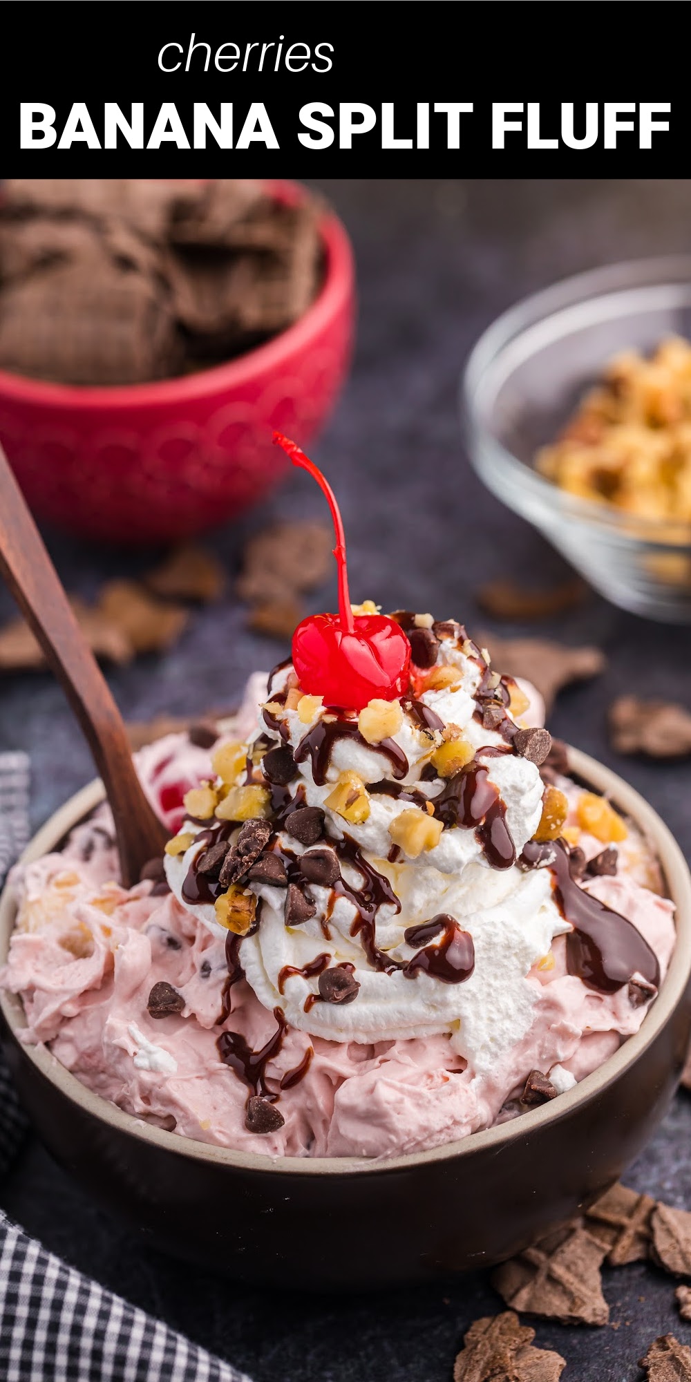 This yummy Banana Split Fluff salad is an easy dump and go, no bake dessert recipe that only takes 5 minutes and a handful of ingredients to make. It’s loaded with all the flavors of your favorite banana split toppings, but in a light and fluffy salad your whole family will love!