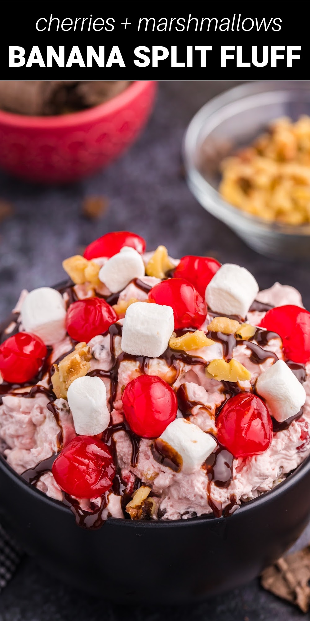 This yummy Banana Split Fluff salad is an easy dump and go, no bake dessert recipe that only takes 5 minutes and a handful of ingredients to make. It’s loaded with all the flavors of your favorite banana split toppings, but in a light and fluffy salad your whole family will love!
