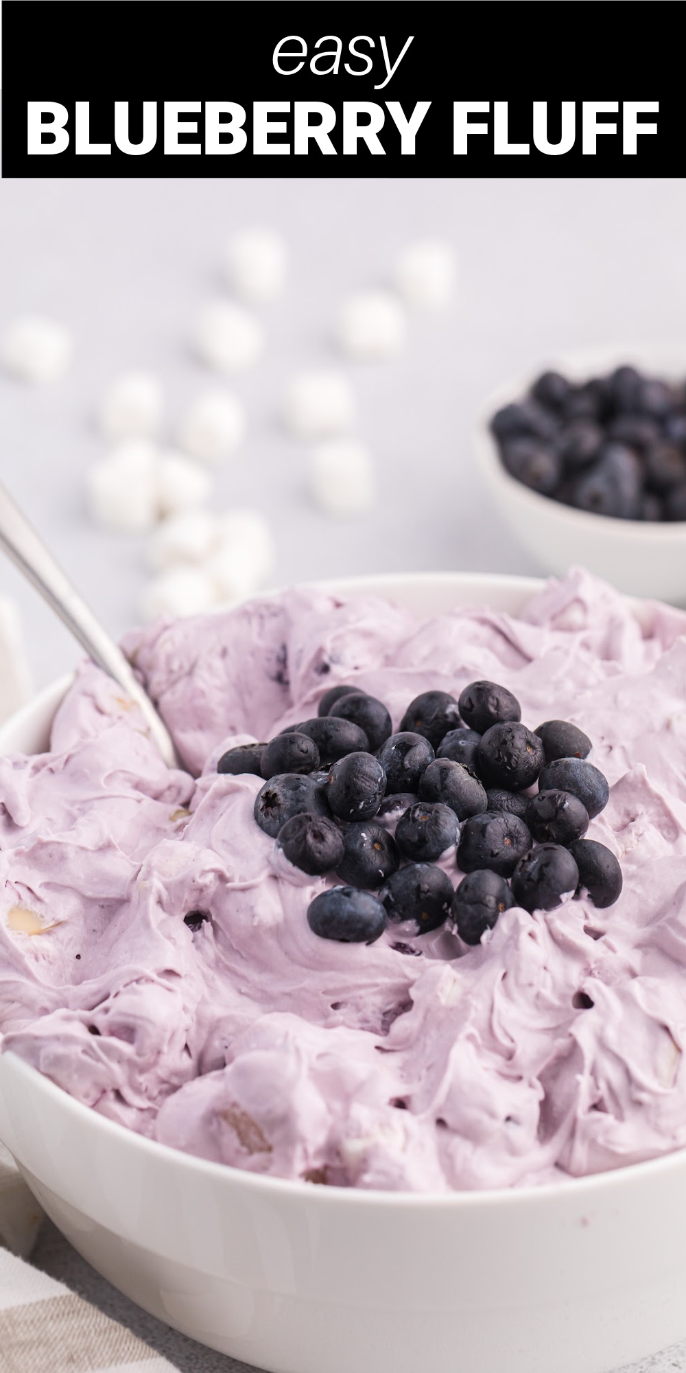 Light and fluffy Blueberry Fluff Salad is a classic dessert salad that’s perfect for your next cookout or for any occasion! Loaded with blueberries, mini marshmallows and studded with sweet pineapple chunks, this easy no bake dessert only takes 5 minutes to whip up.