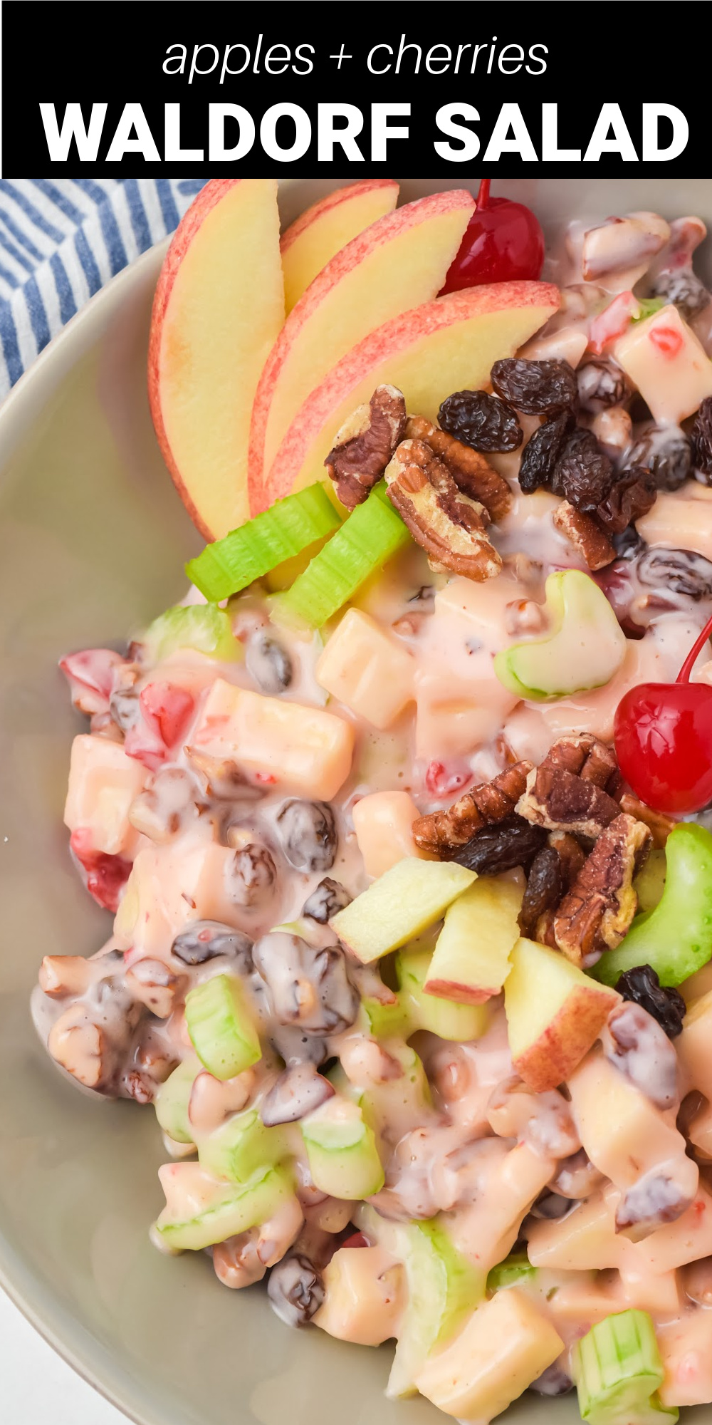 This super simple and delicious Waldorf Salad is full of sweet and crispy apples, crunchy celery and a rich and creamy dressing. It’s easy side dish that makes a great addition to holiday meals, backyard BBQs or just when you’re craving a fresh fruit salad. 