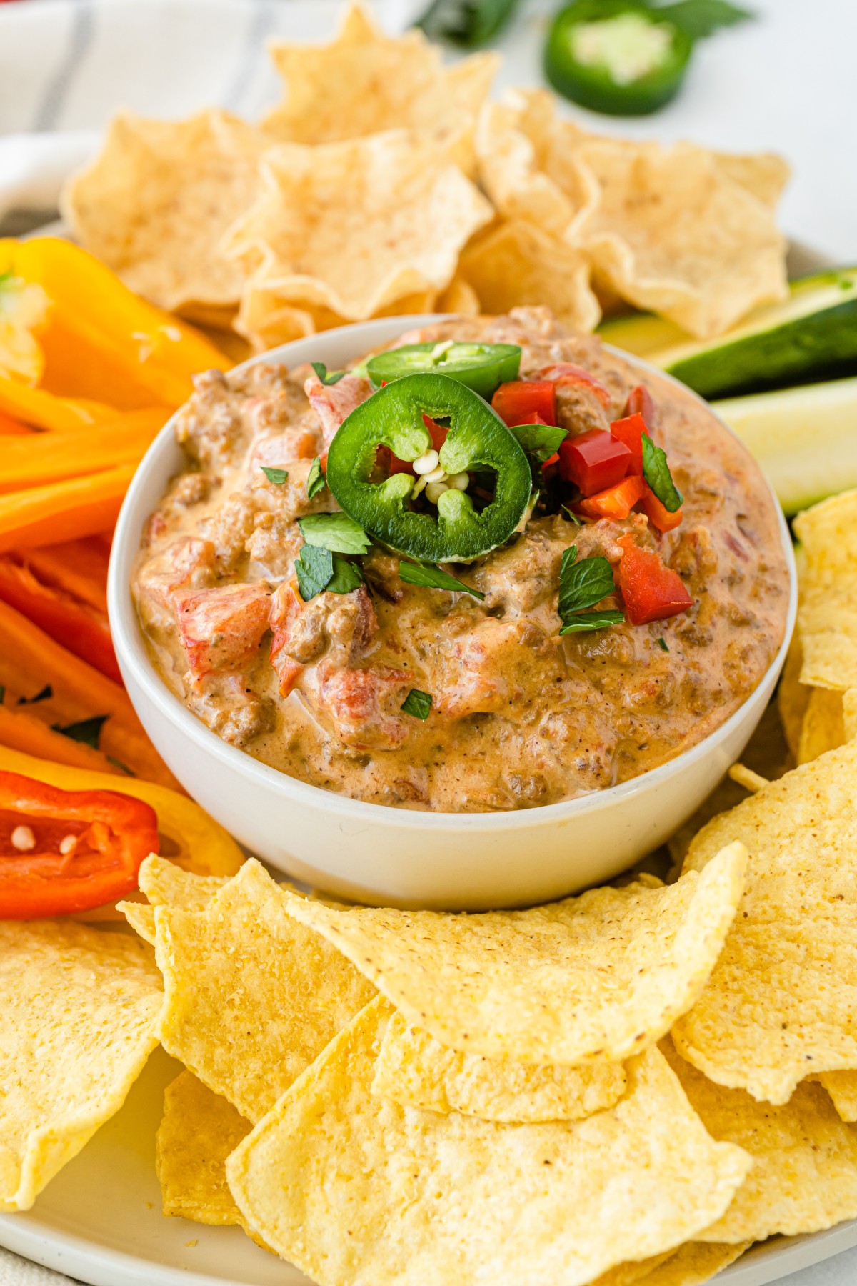 A close up of Crockpot Rotel Dip in a white bowl, on a plate with sliced pepper, corn tortilla chips, and sliced cucumber on it.
