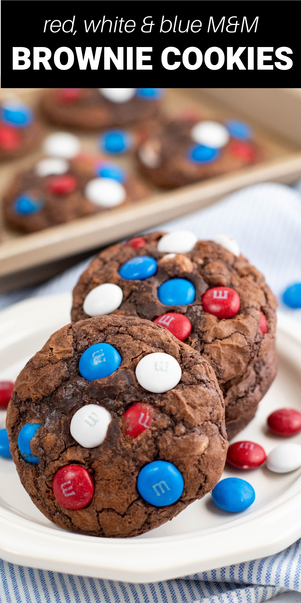 These Red, White & Blue Brownie Cookies are the perfect combination of a chewy brownie and a crispy cookie. This recipe makes super easy and delicious patriotic treats that are bursting with chocolate chips and crunchy candy in every single bite!