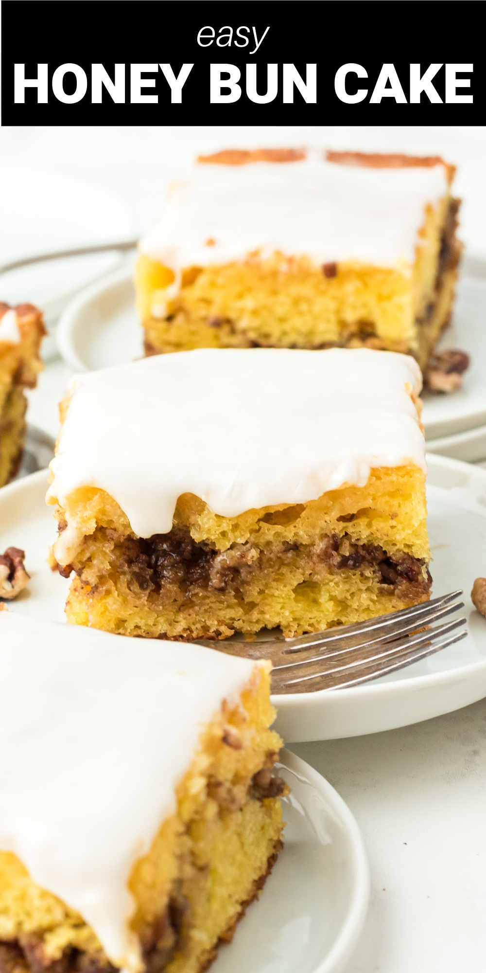 This homemade Honey Bun Cake recipe is a deliciously rich and moist cake that's loaded with brown sugar and cinnamon flavor. Topped with a sweet and sticky vanilla glaze, this cake is the perfect combination of a cinnamon swirl cake and classic poke cake! 