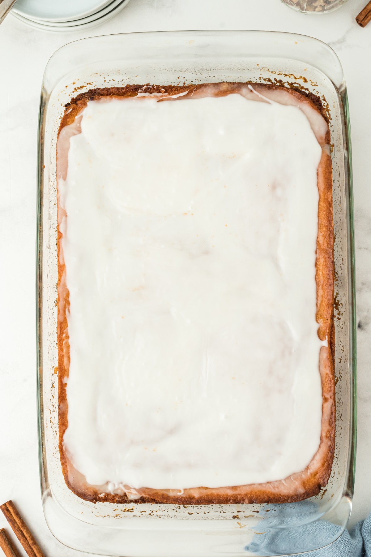 Baked Honey Bun Cake with frosting.