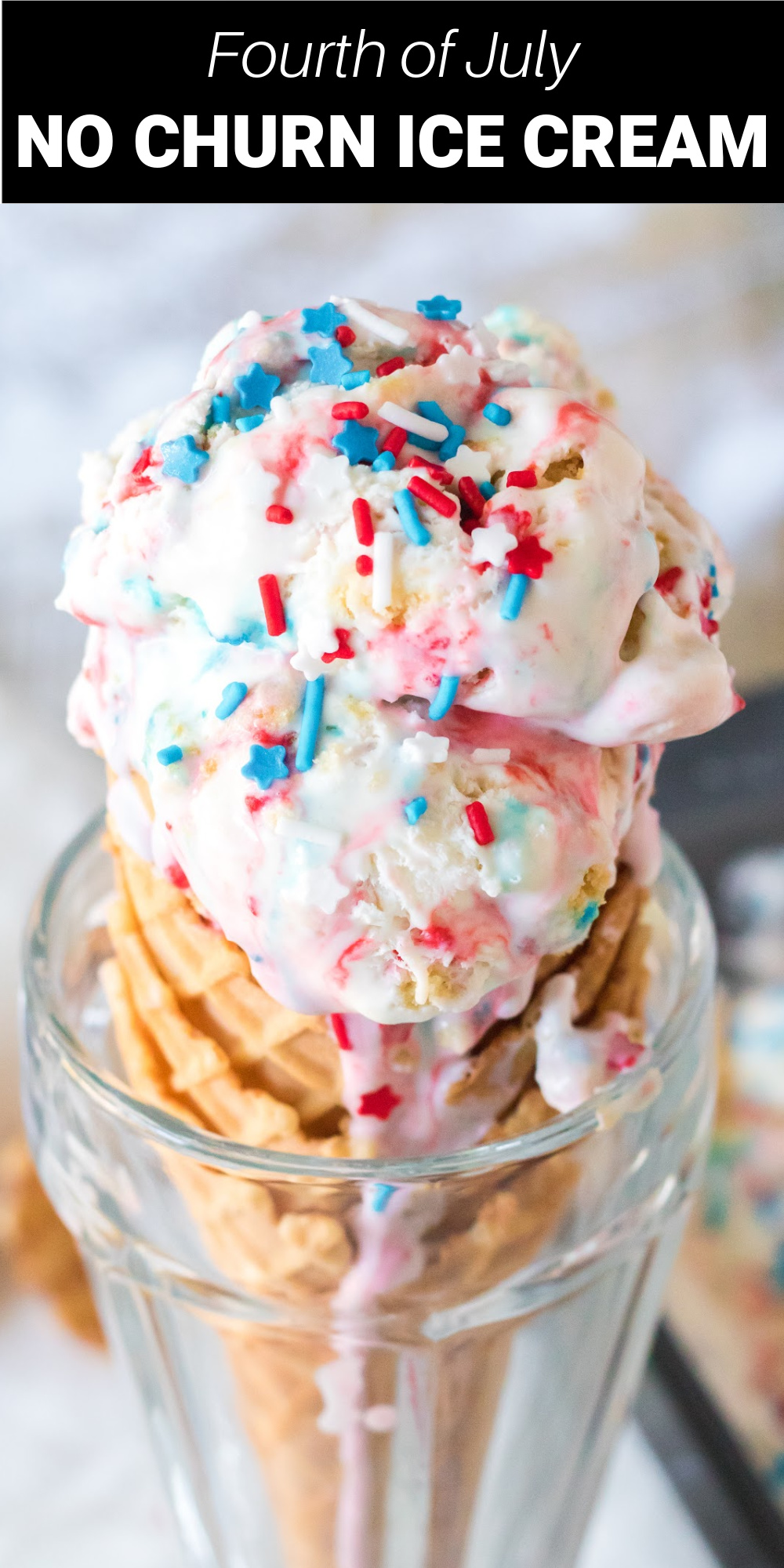 This cool and refreshing Red, White and Blue No Churn Ice Cream is a rich and creamy homemade vanilla ice cream studded with crushed golden Oreos and festive sprinkles!  It’s the perfect sweet treat for a Memorial Day BBQ or July 4th party. 