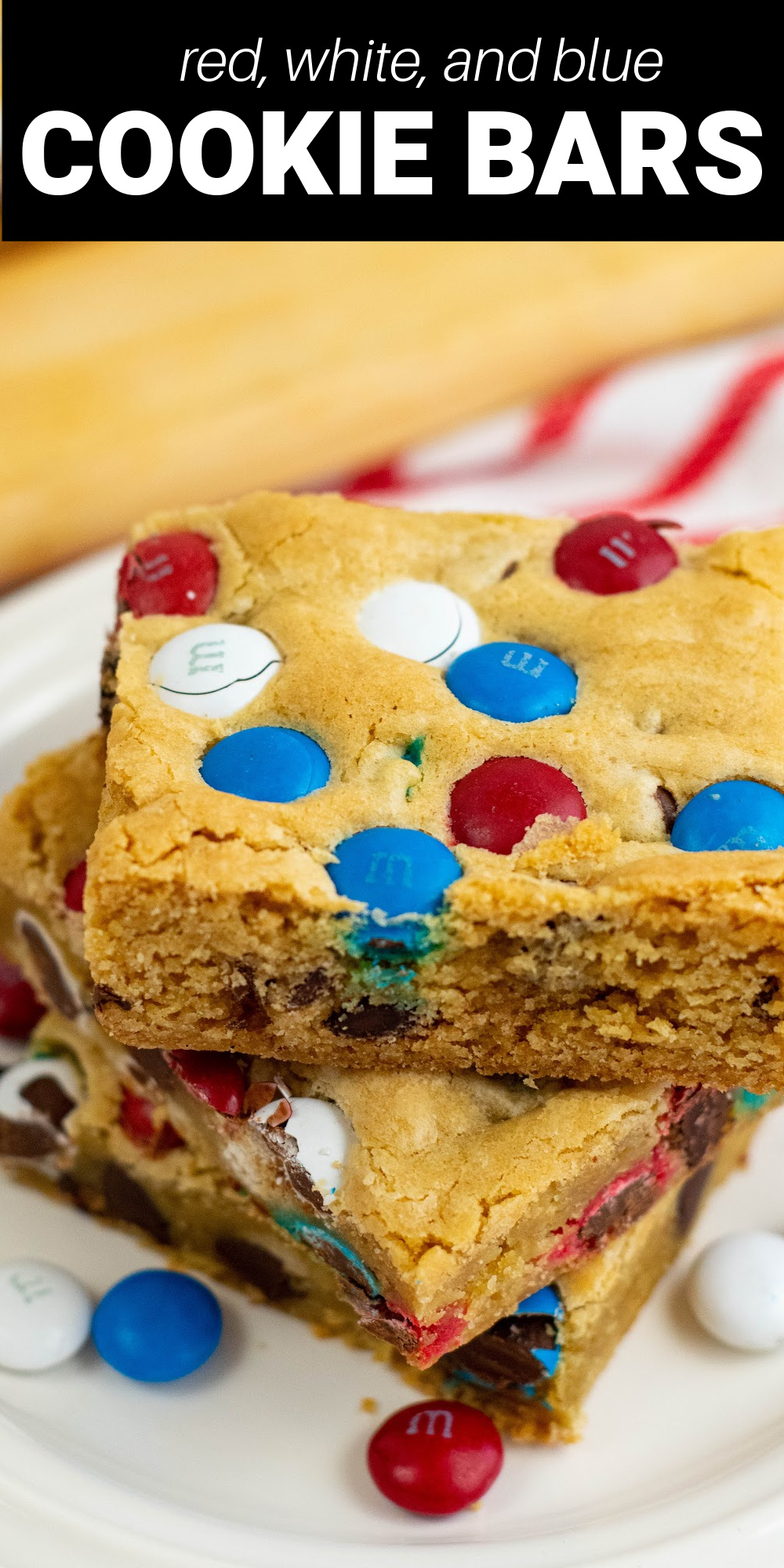 These Red, White, and Blue Cookie Bars are the perfect treat for your next Fourth of July picnic or any patriotic party. They're thick, chewy chocolate chip bars that are studded with colorful M&M’s and delicious chocolate chips in every single bite.