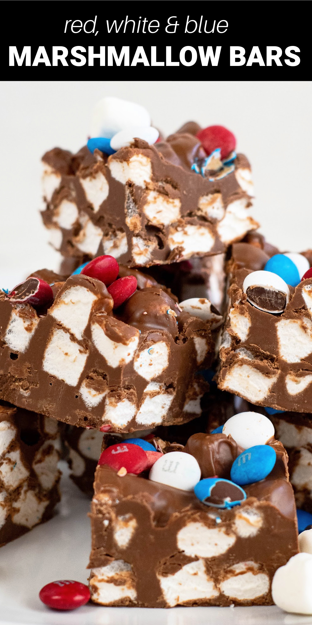 Truly one of the tastiest and most patriotic desserts, these Red White and Blue Chocolate Marshmallow Bars only take five simple ingredients and five minutes prep time! They'll make a fun and festive addition to your dessert table during your Memorial Day, Fourth of July and Labor Day celebrations!