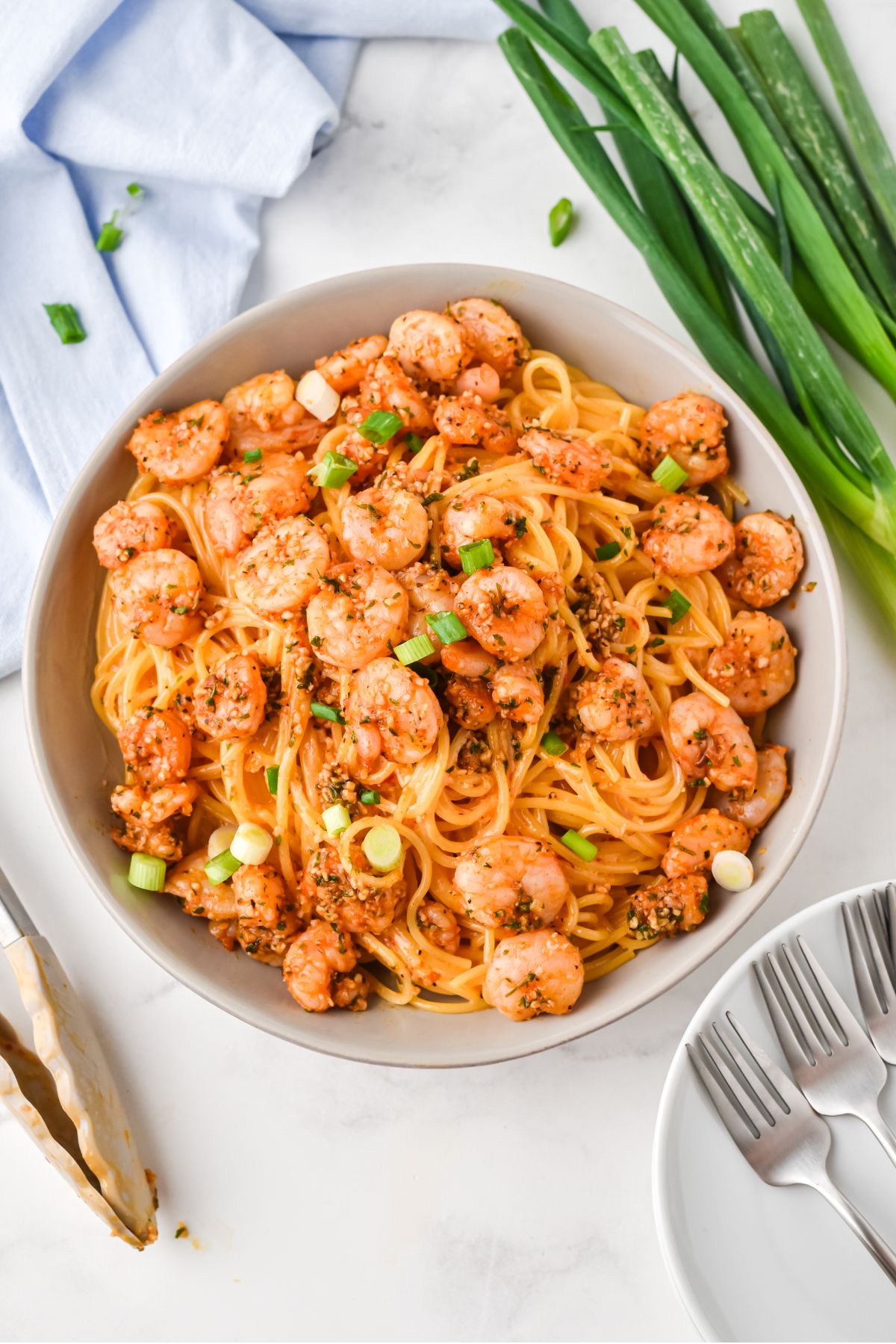 large bowl with shrimp pasta