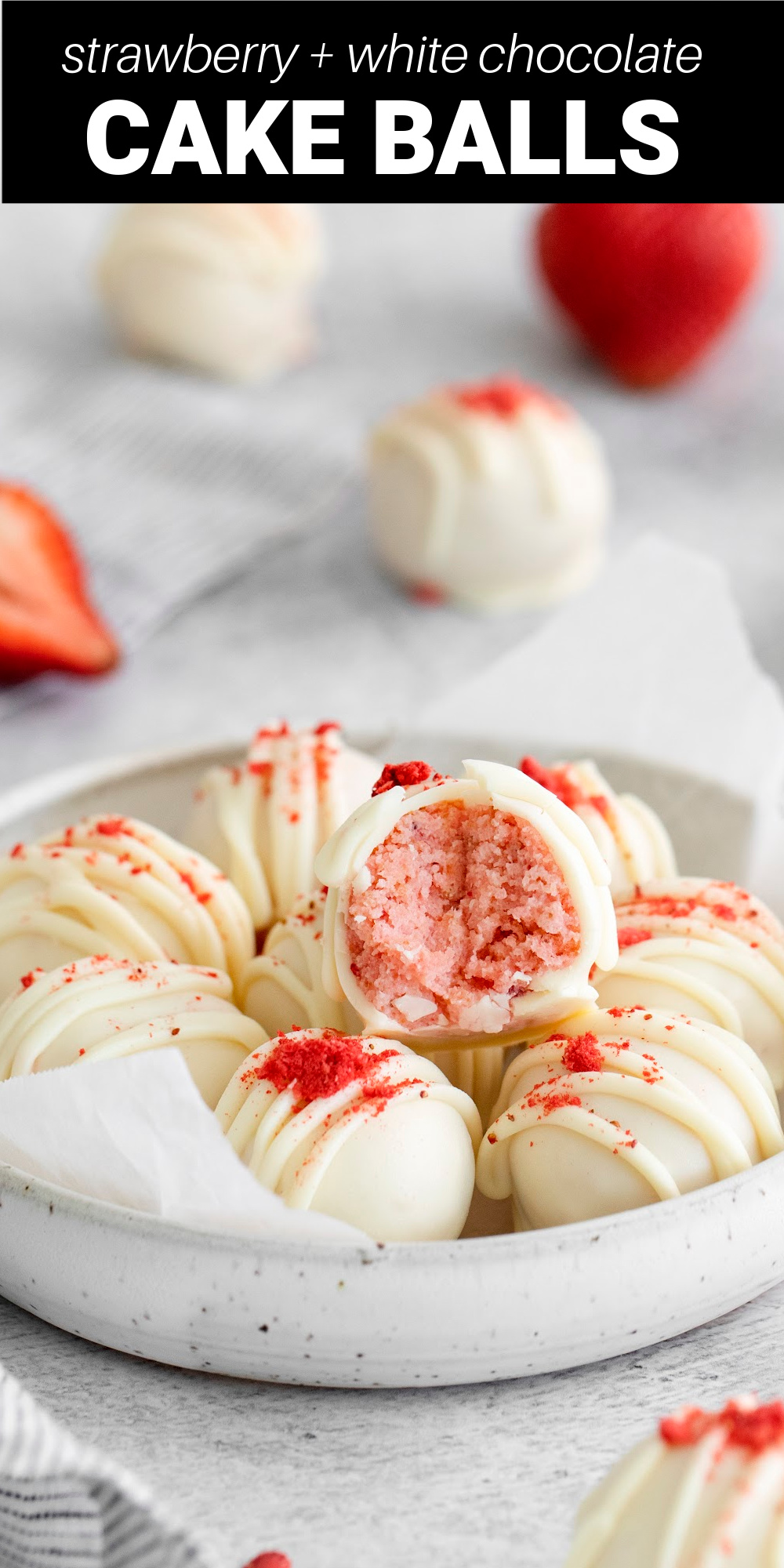 These truffle like Strawberry Cake Balls are the perfect bite-sized dessert with a soft and chewy center and a white chocolate shell. Loaded with rich strawberry flavor.