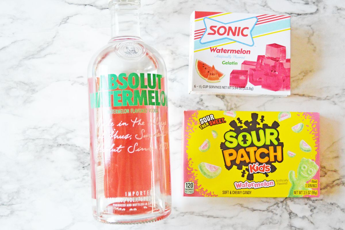 vodka bottle, sour patch kids watermelon candy, Sonic watermelon jello