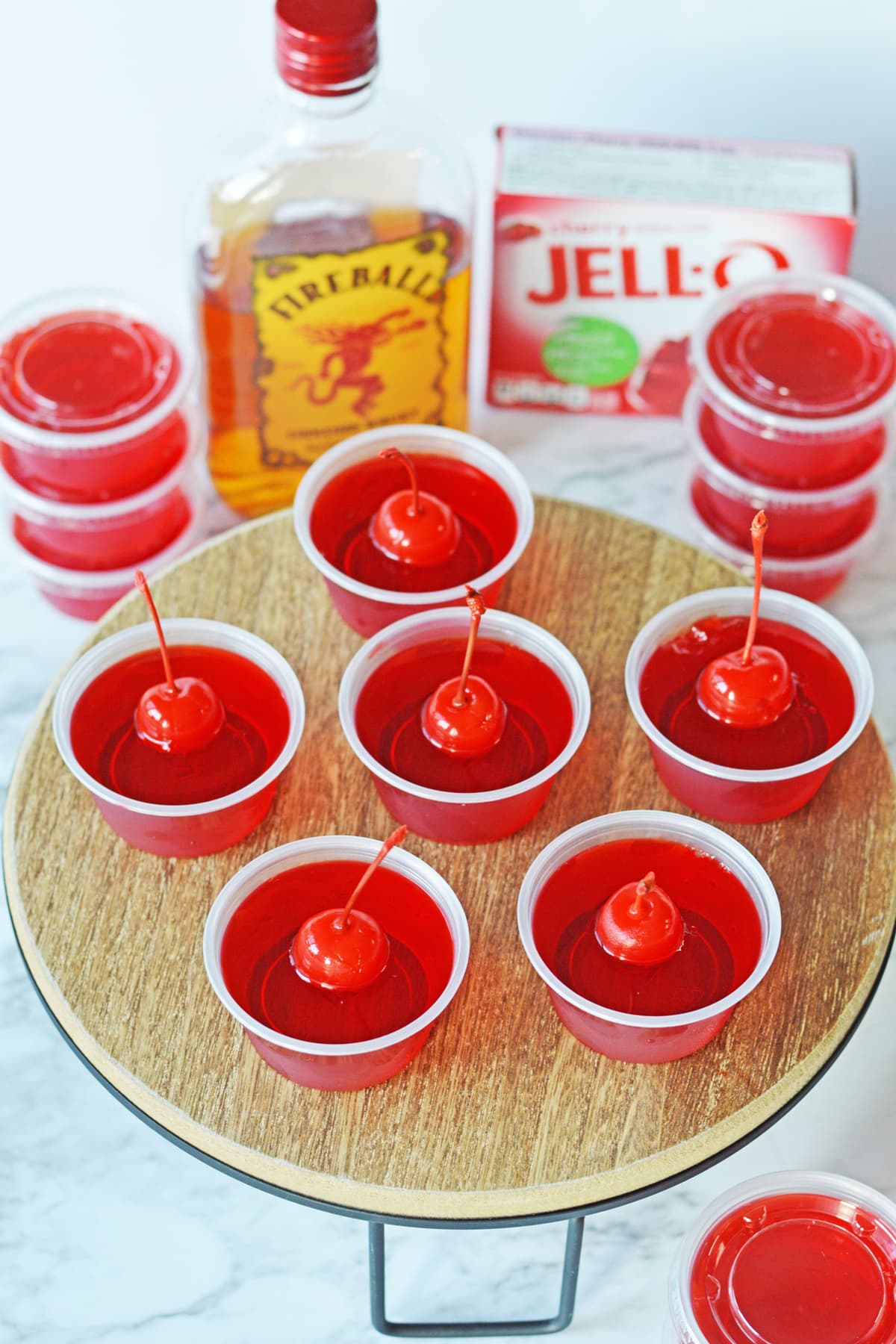 Cherry Fireball Jello Shots on a table
