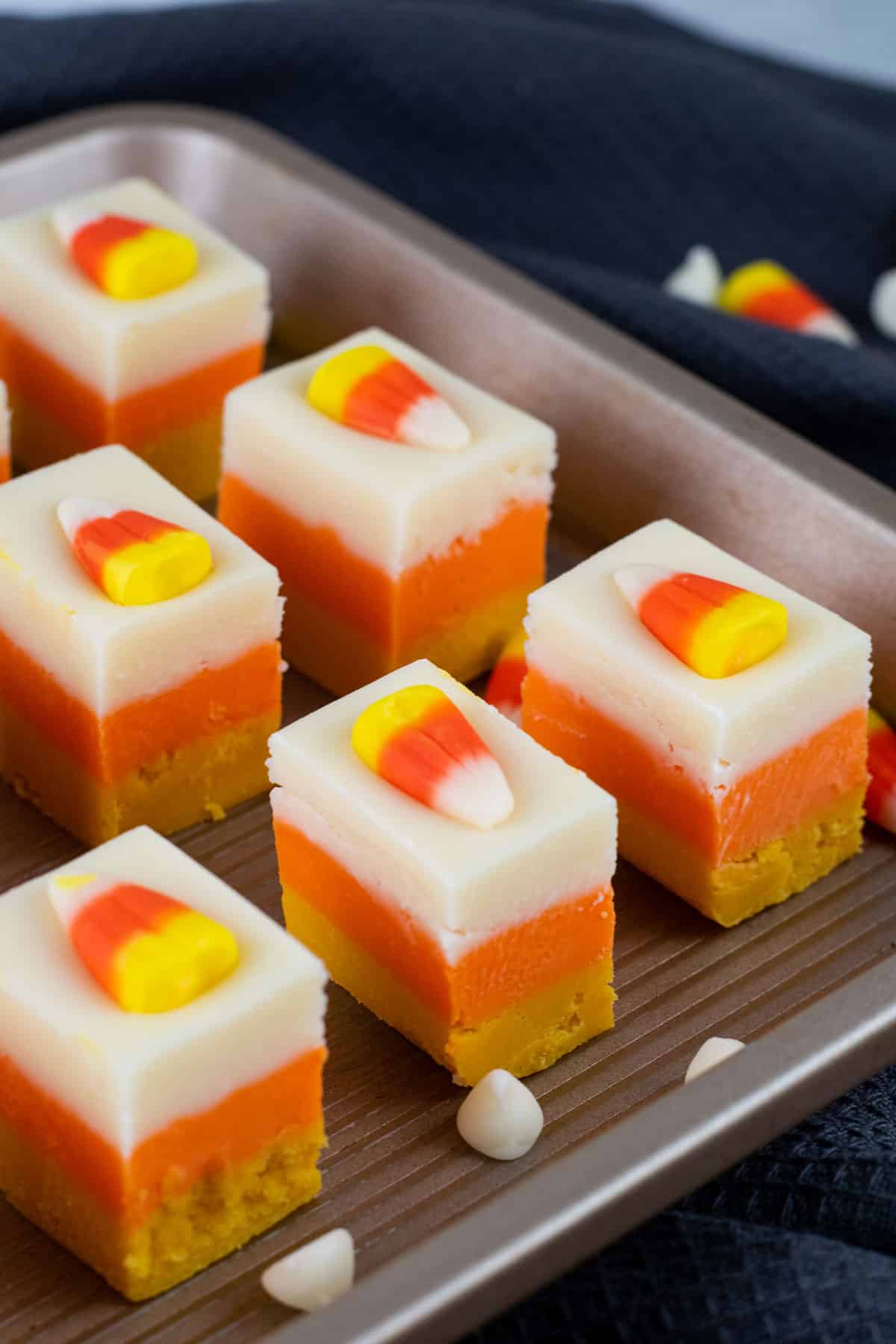 Slices of Layered Candy Corn Fudge