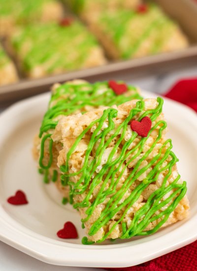krispies treats with green chocolate drizzle