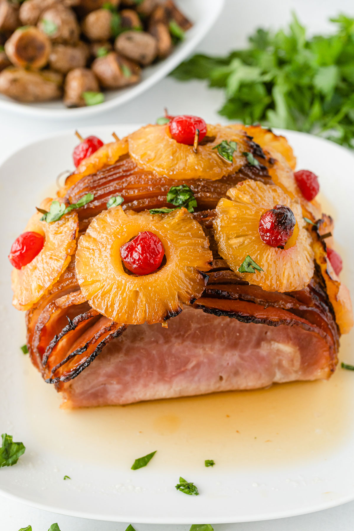 A cooked Pineapple Ham with Brown Sugar Marinade