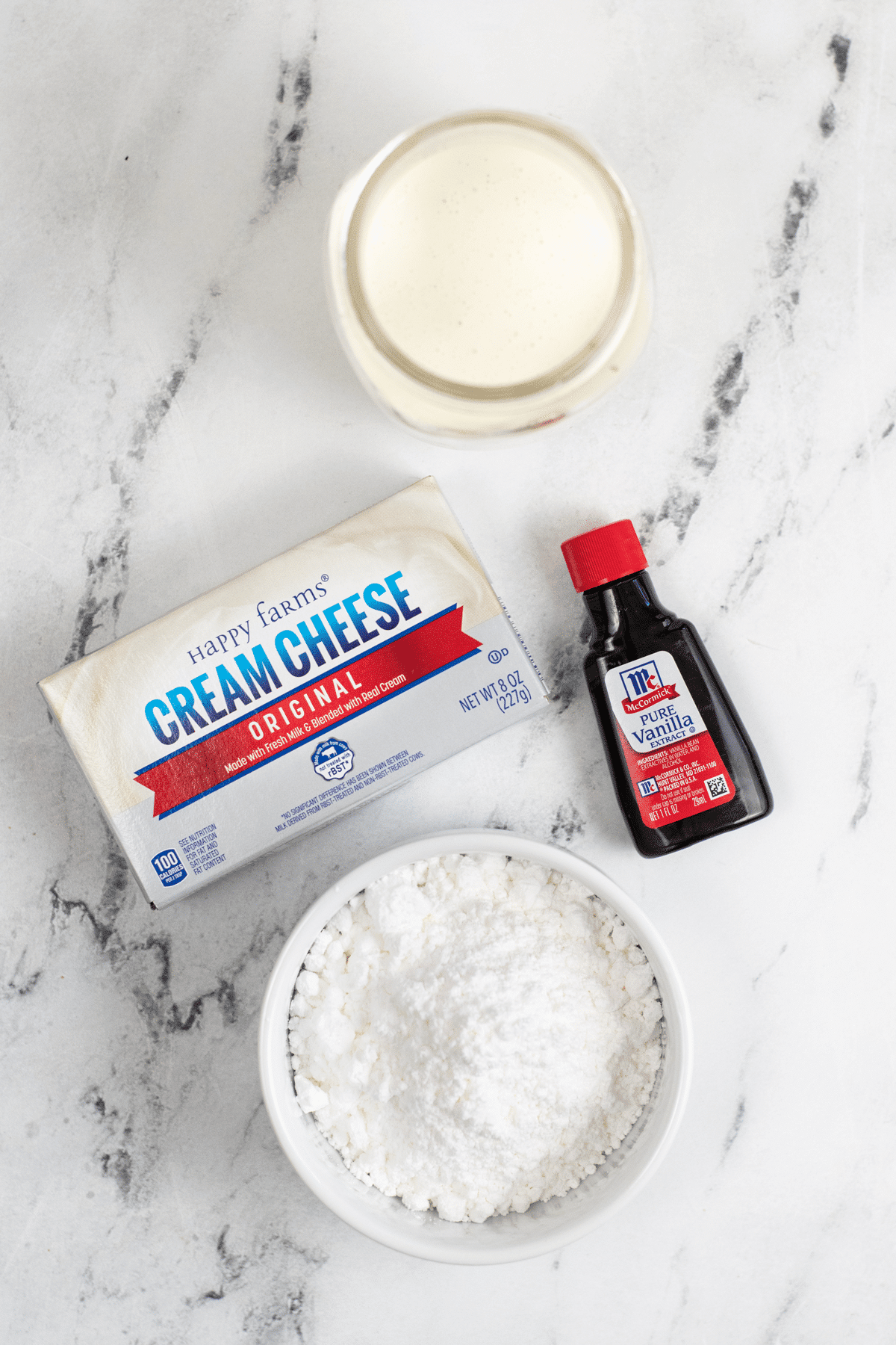 Ingredients for Stabalized cream cheese are the following: cream cheese, softened powdered sugar, vanilla extract and heavy Whipping Cream-cold
