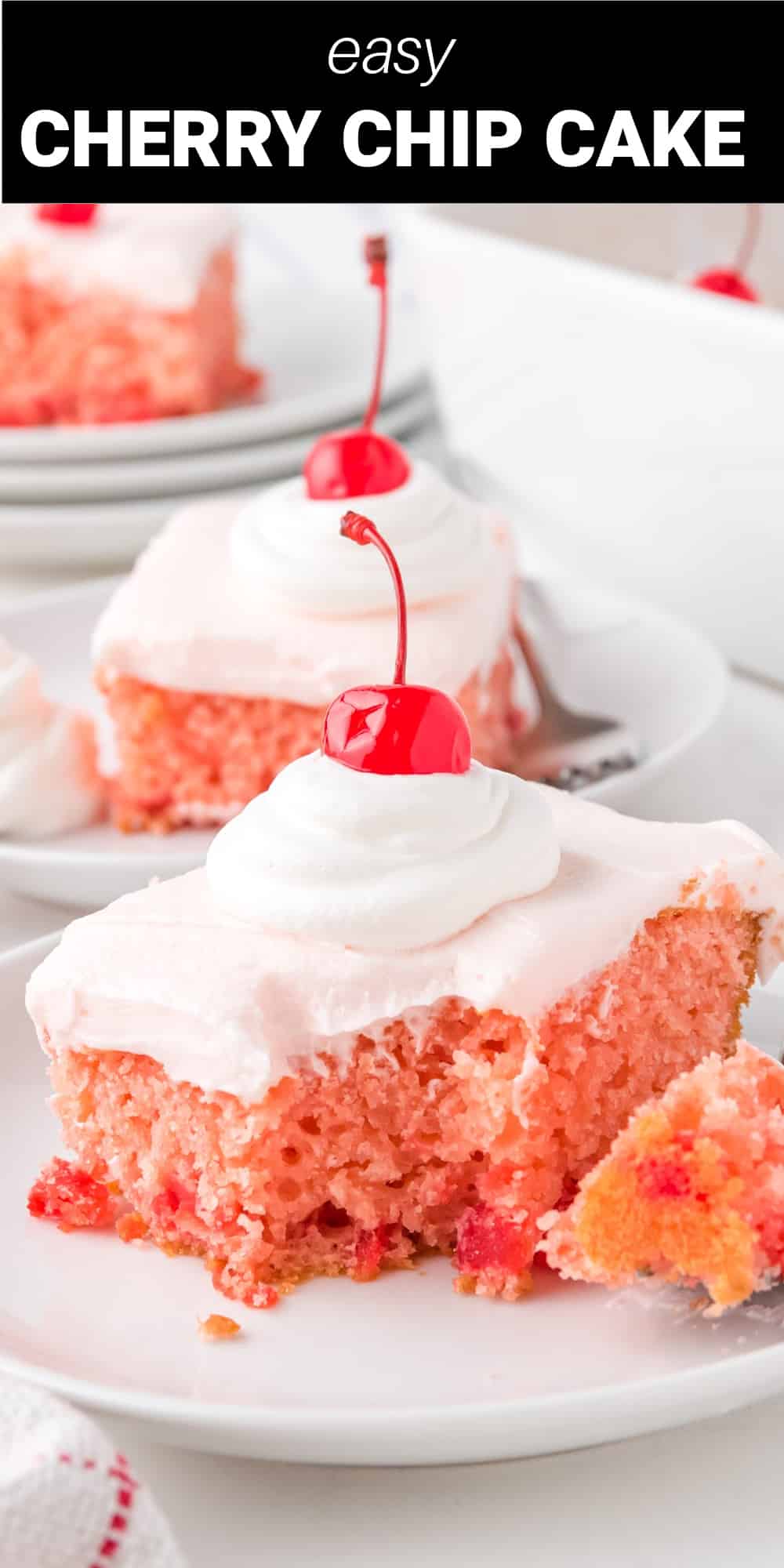 This cherry chip cake recipe is a light and fluffy cake flavored with sweet maraschino cherry juice and filled with chopped cherry pieces. It’s topped with a smooth and creamy buttercream frosting that’s bursting with cherry flavor. The result is a decadent dessert that looks beautiful and tastes even better. 