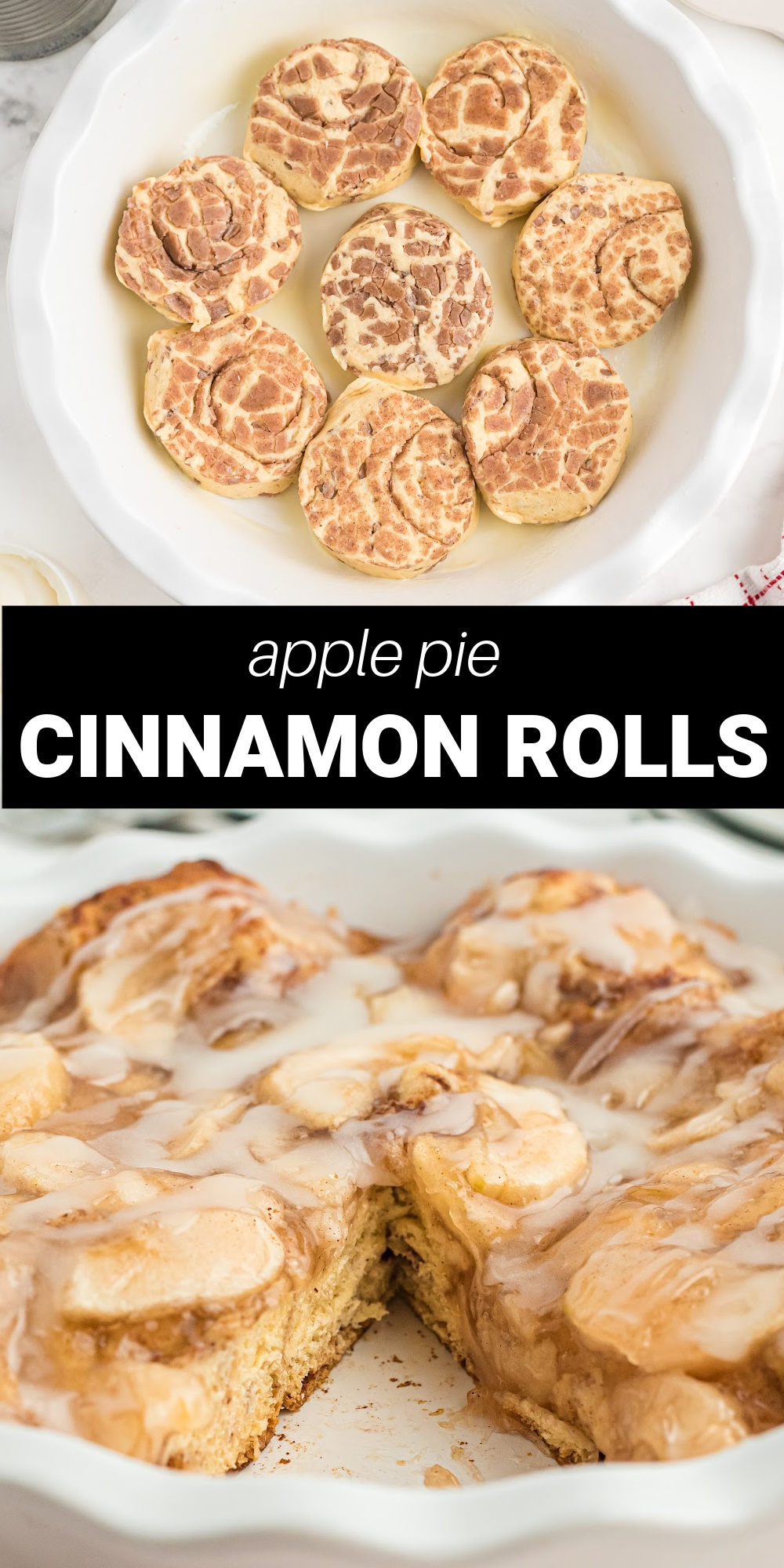 Apple and cinnamon are two of the most common flavor combos. In this Cinnamon Roll Apple Bake, fluffy cinnamon rolls are topped with delicious apple pie filling, baked to perfection, and then finished with rich and creamy icing! It's a winning treat the whole family will love, whenever you have it.