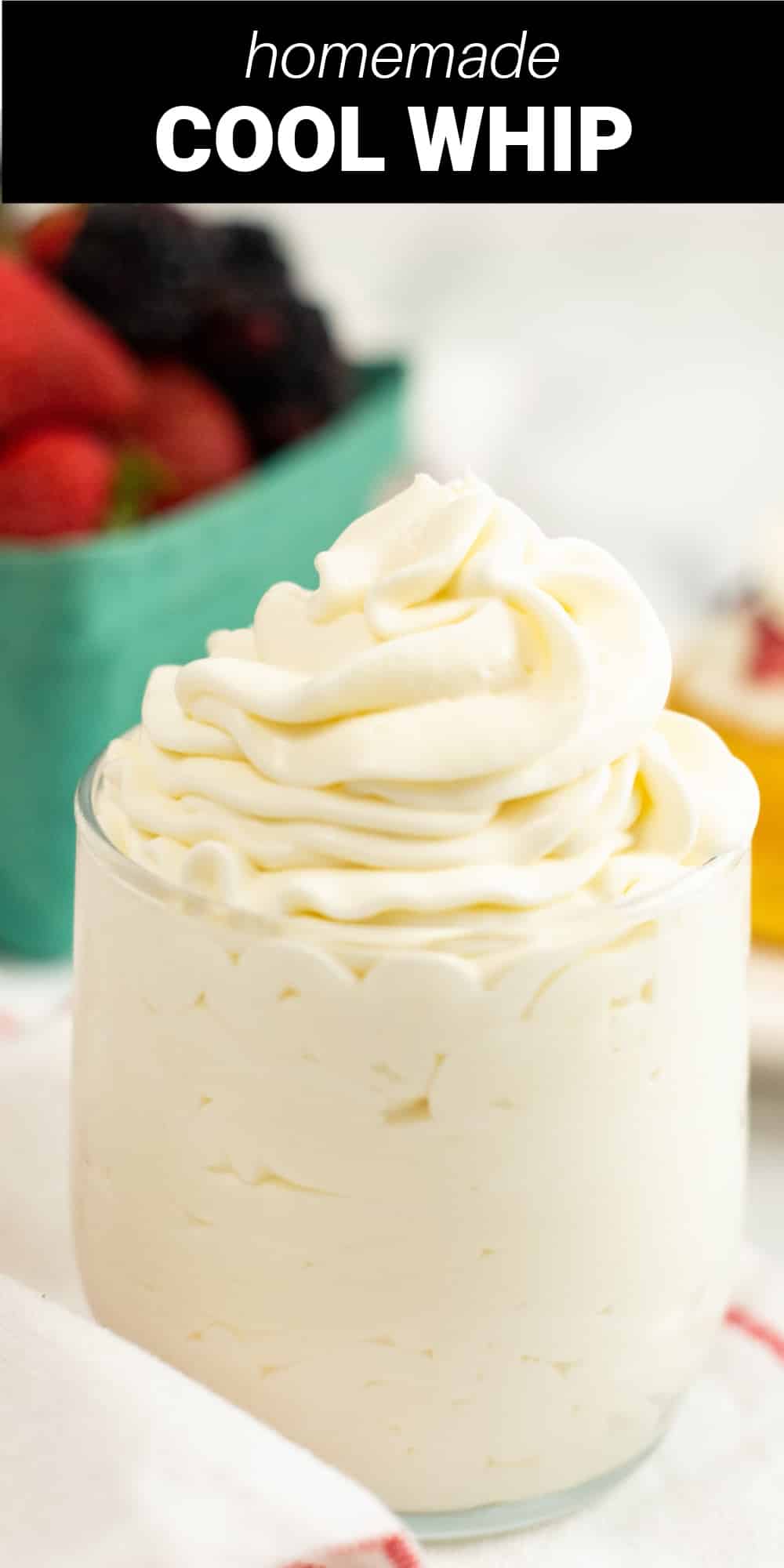 Skip the tub of artificial whipped topping and make your own homemade Stabilized Whipped Cream! With just four simple ingredients you can make a sweet and creamy topping that holds up perfectly for piping or decorating any of your favorite desserts or as a substitute in recipes that call for Cool Whip.