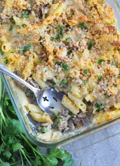 leftover turkey casserole with spoon