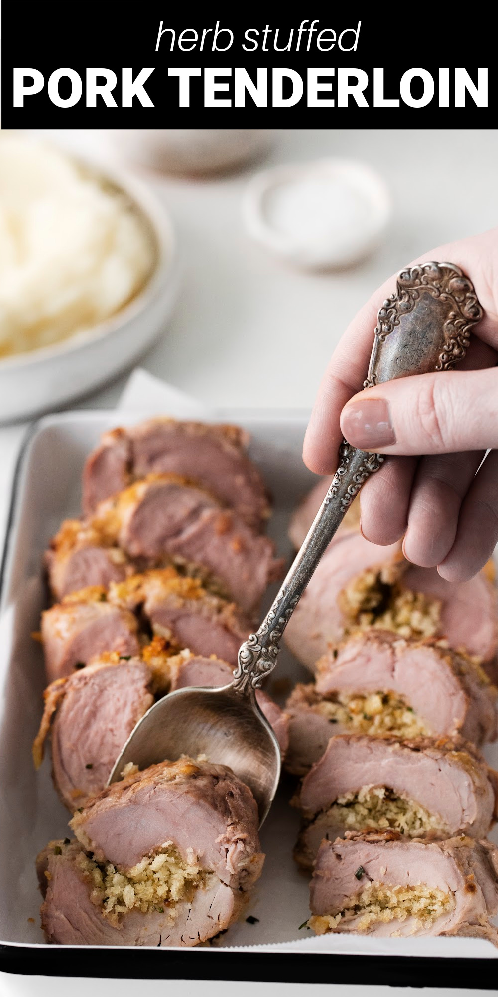 This Herb Stuffed Pork Tenderloin recipe is ideal for when you're entertaining guests but it’s also great for a family style Sunday dinner. Pork tenderloins are stuffed with an incredibly fragrant stuffing, roasted until tender then basted with super flavorful, buttery pan sauce.