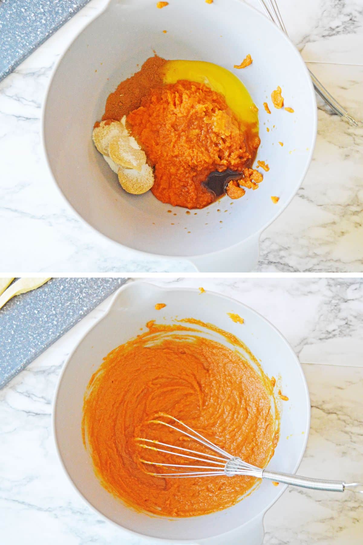 top photo: ingredients in mixing bowl. Bottom photo: ingredients mixed together to smooth orange mixture