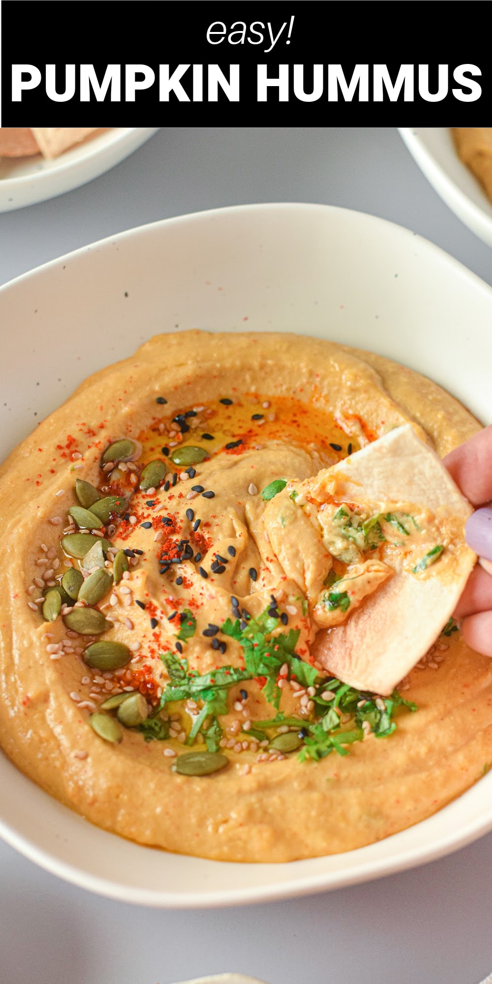This pumpkin hummus recipe puts a fall twist on a traditional hummus, making it even more creamy and delicious than the original. Roasted pumpkin puree and chickpeas are blended in a food processor, along with fresh garlic, tahini, tangy lime juice, and fragrant spices. 