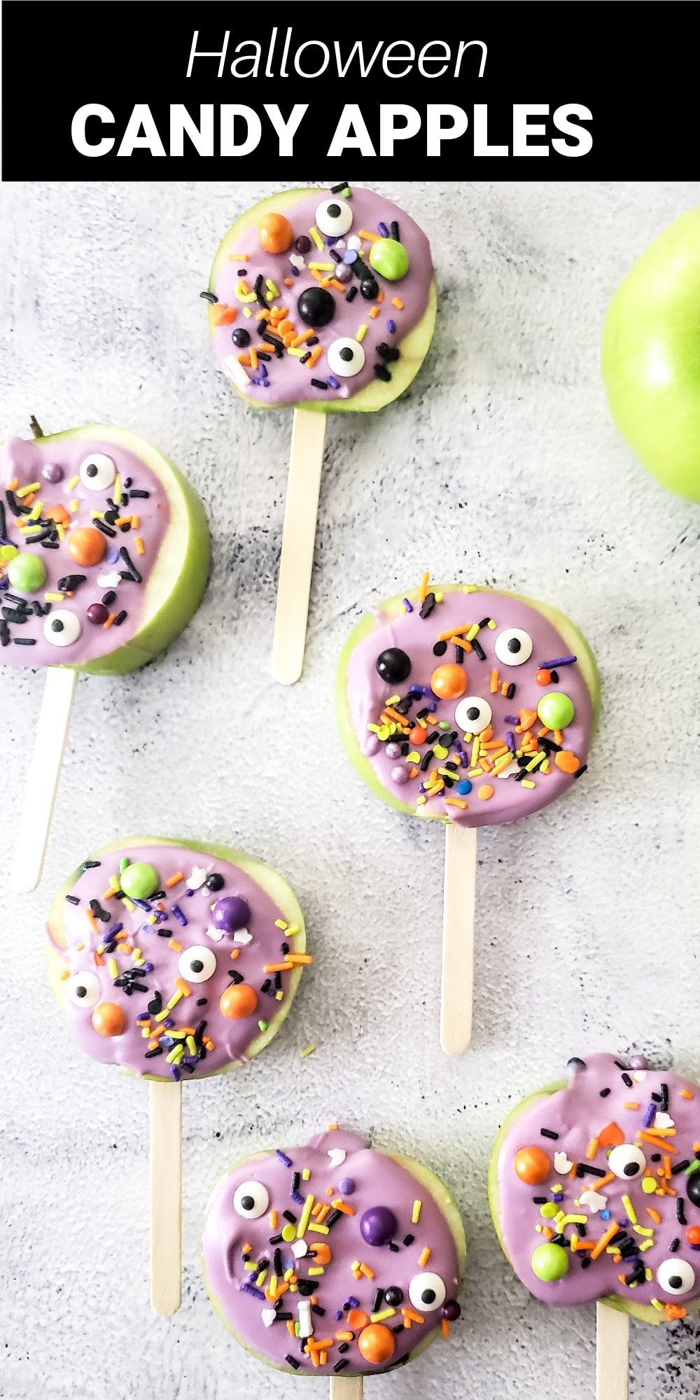 These Halloween candied apples are a fun and spooky twist on a classic fall treat. With their creamy candy coating, bright purple shade, and festive decorations, they’re a cute and delicious addition to your Halloween party table.