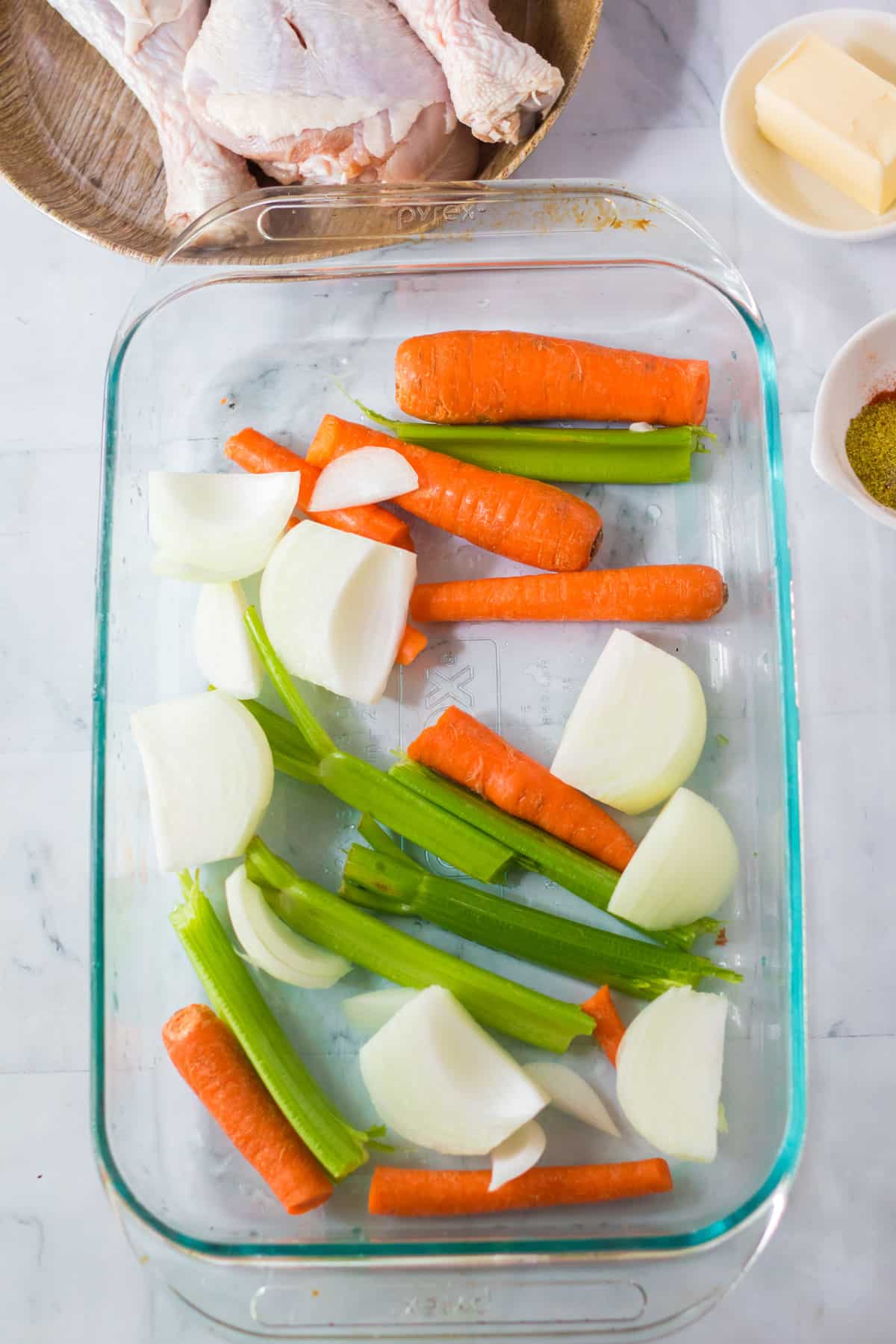 Vegetables on a tray for Turkey Gravy recipe