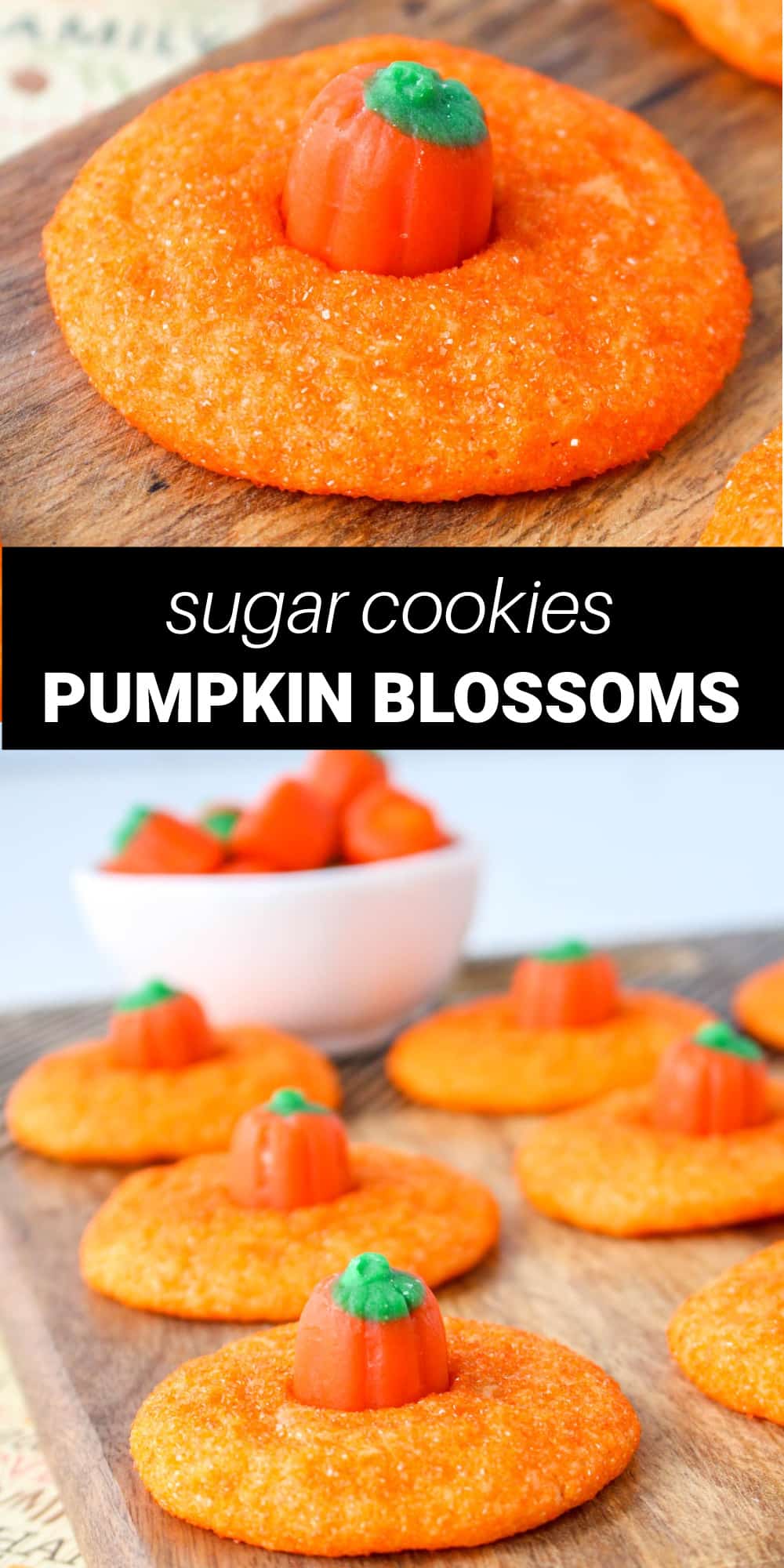 These pumpkin blossom cookies are a simple and fun way to dress up a traditional sugar cookie for Halloween. They have the same soft and chewy texture and sweet vanilla flavor that everyone loves in a sugar cookie, plus a fun orange color and a cute candy pumpkin on top.