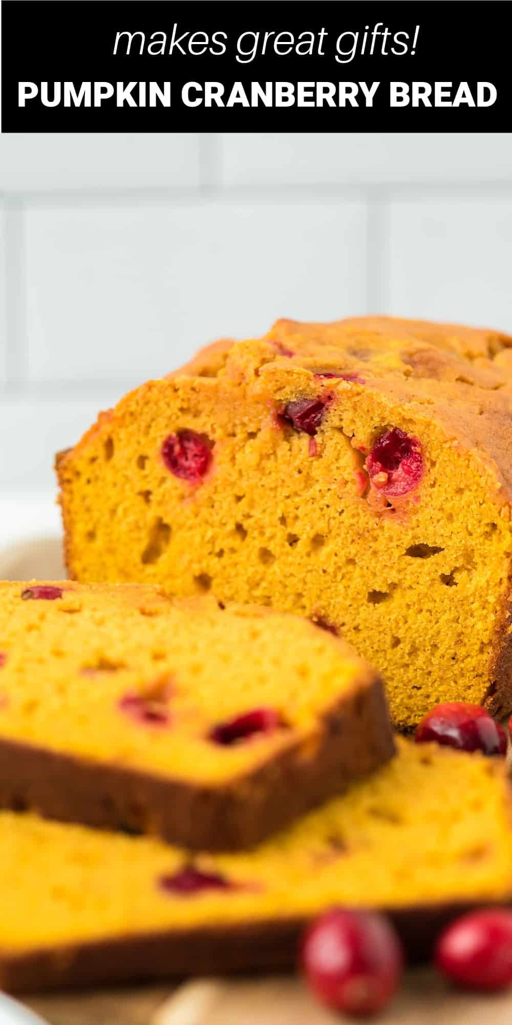 This Pumpkin Cranberry Bread recipe is moist, delicious and packed with all the wonderful flavors of fall. Fresh and juicy cranberries are studded throughout this holiday bread to provide the most delightful tangy pop of fresh flavor. And since this recipe makes two loaves, there will be enough to share or to freeze for later. 
