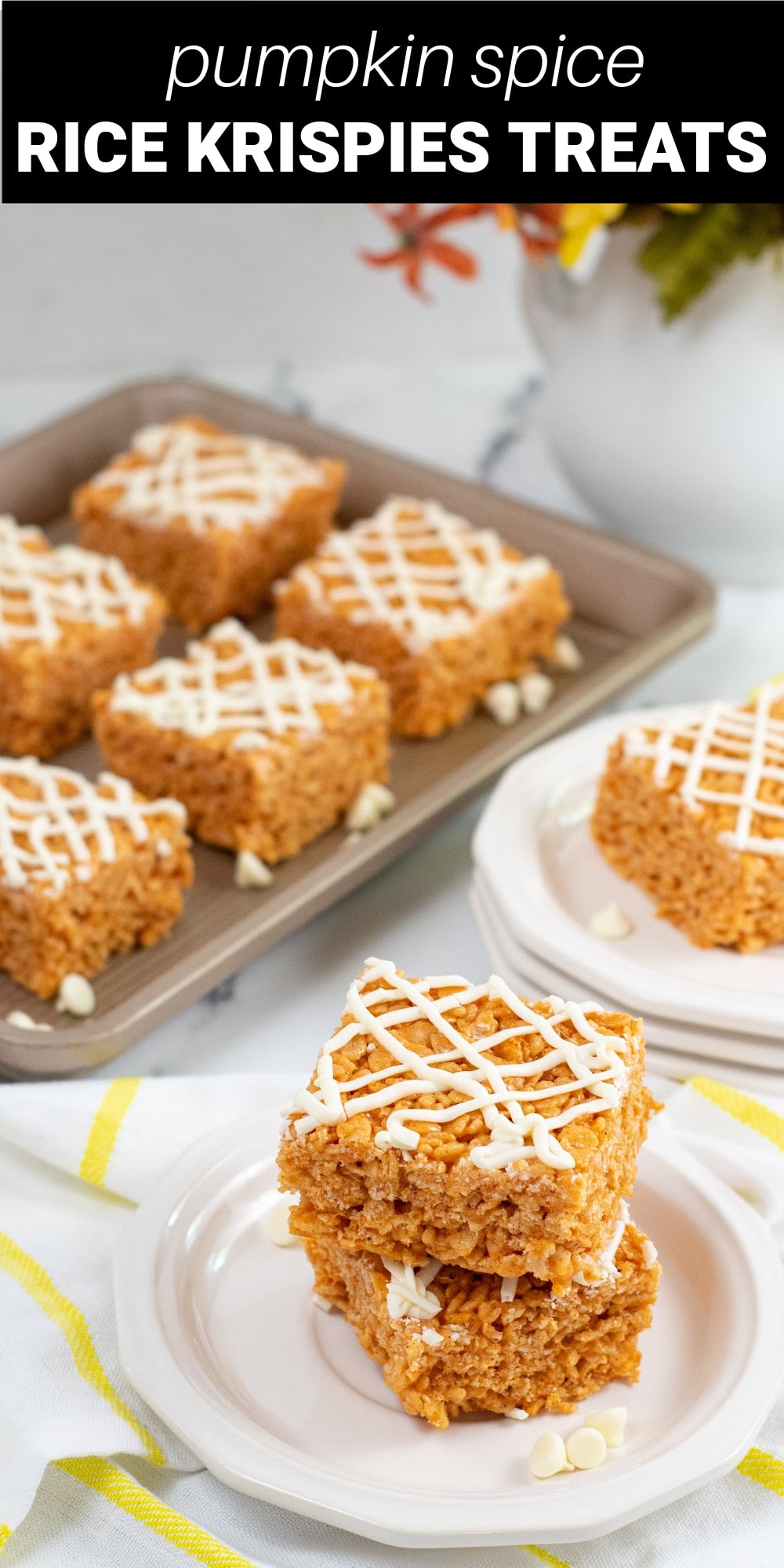 These Pumpkin Spice Rice Krispie treats are a fun way to dress up a classic dessert for pumpkin season. Crisp and chewy, filled with sweet pumpkin pie spice flavor and topped with a white chocolate drizzle, these pumpkin treats are as easy as the classic Rice Krispie treats, but even more delicious.