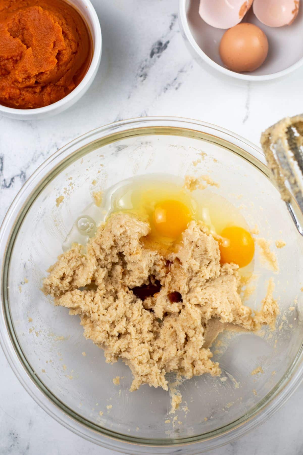 wet ingredients and eggs in bowl