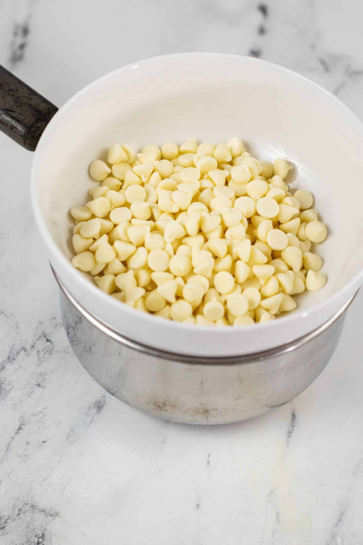 white chocolate chips in pan