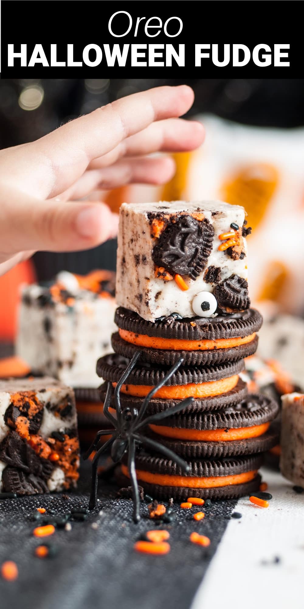 This Halloween cookie fudge is a fun and easy recipe with a spooky look that’s perfect for your Halloween party. Creamy white chocolate is combined with real butter and sweetened condensed milk, then mixed with crushed Oreo cookies to create a rich and delicious fudge with an incredible cookies and cream flavor. It’s then topped with Halloween sprinkles and candy eyeballs to create an unforgettable party treat.